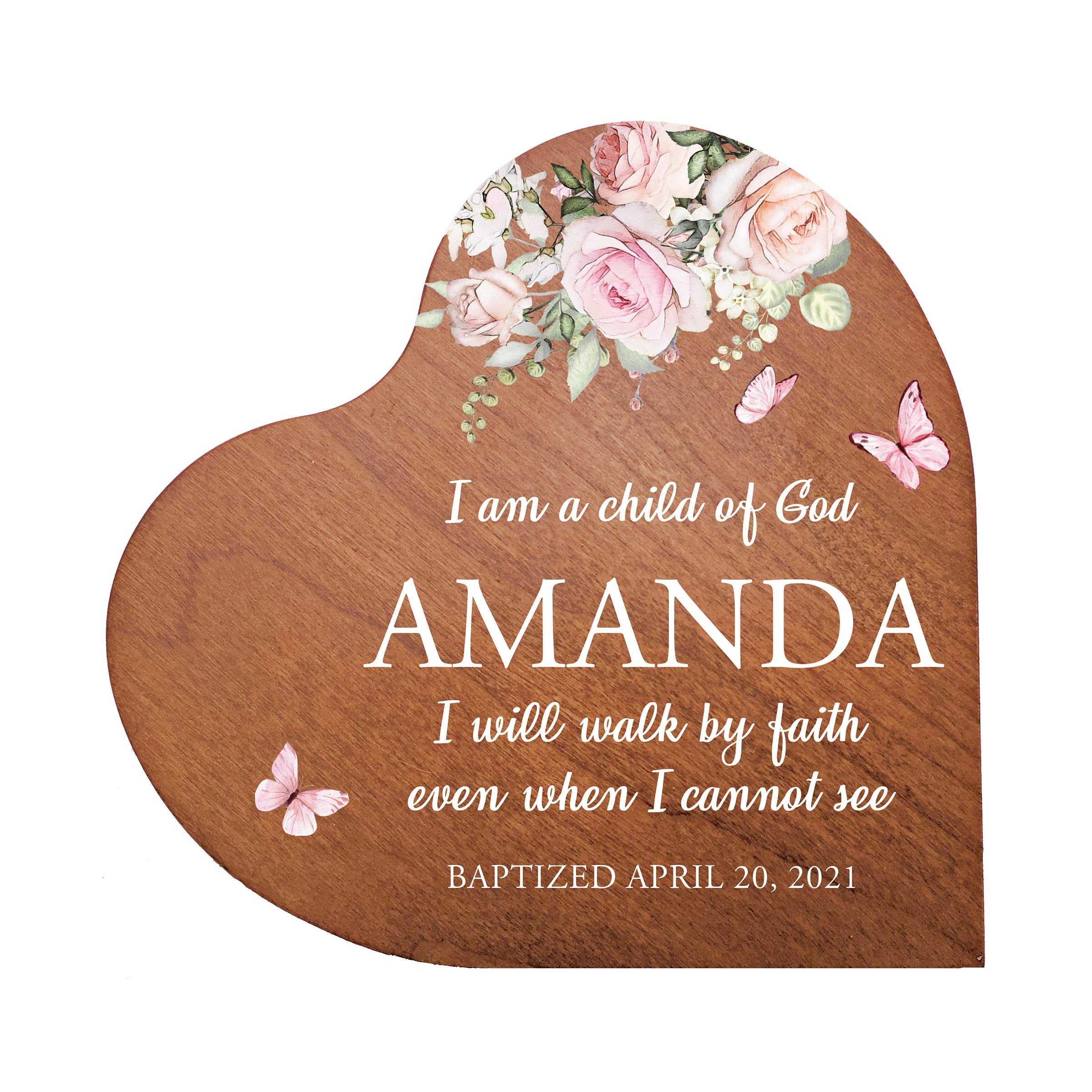 LifeSong Milestones Personalized Baptism Solid Wood Heart Decoration Favor Unique Home Decor Christening Gifts for Godchild from Godparents 5x5.75 Child of God (Cherry)