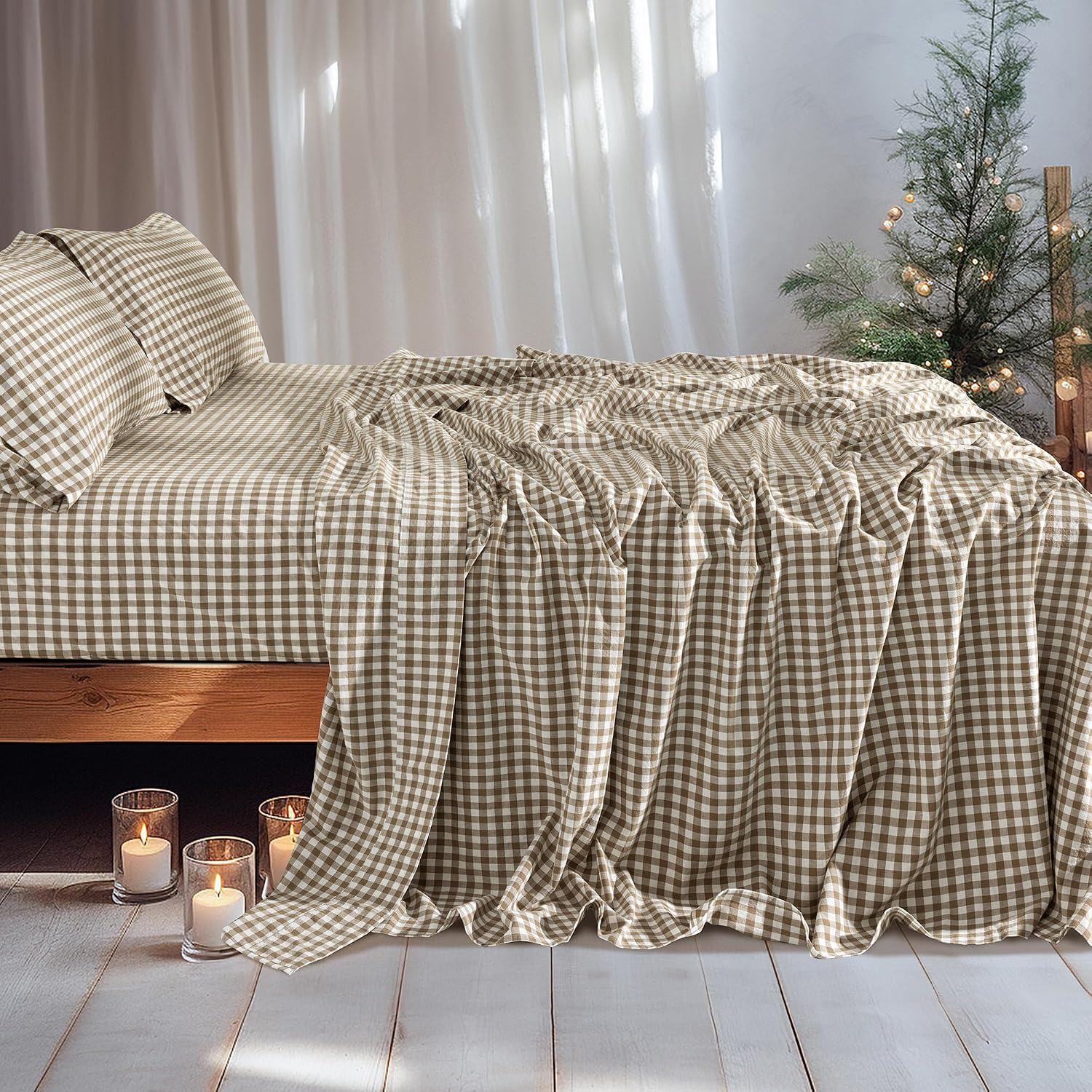  100% French Organic Linen Sheet Set 4Pcs, 16" Deep Pocket Cal King | Pure Linen Bed Sheet, Natural Flax, Soft Breathable Sheets for Hot Sleepers, Durable, and Cozy for All Seasons, Plaid thumbnail
