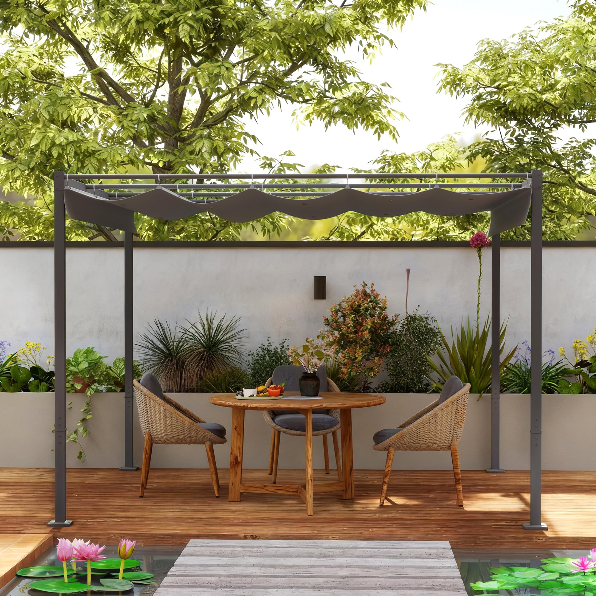 Outsunny Pergola Rétractable Coulissante 3 x 3 m, tonnelle de Jardin à Fixation magnétique Tissu Polyester Haute densité 180g/m² résistant aux UV, pour patios, Jardin, terrasse, arrière-Cours, Gris