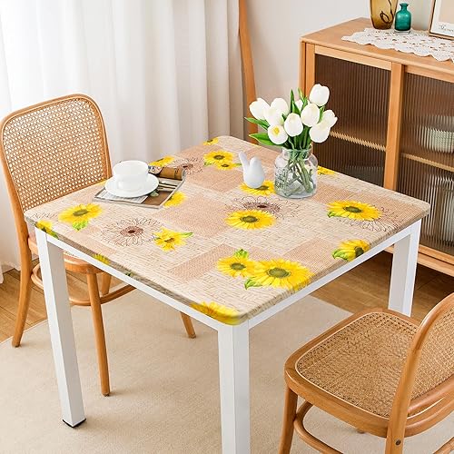 eeivs Mantel cuadrado de girasol ajustable de elastano con borde elástico, mantel a cuadros, para comedor, hogar, cocina, 34 x 34 pulgadas