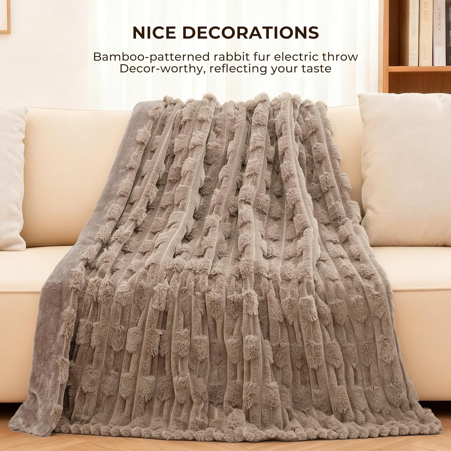 Heated Throw Blanket 50"x60", Electric Blanket with Bamboo Pattern, Luxury Faux Rabbit Fur & Soft Flannel, 6 Heat Settings, 1-4 Hour Auto Shut-Off, Throw Blanket for Couch, Machine Washable, Linen - Image 6