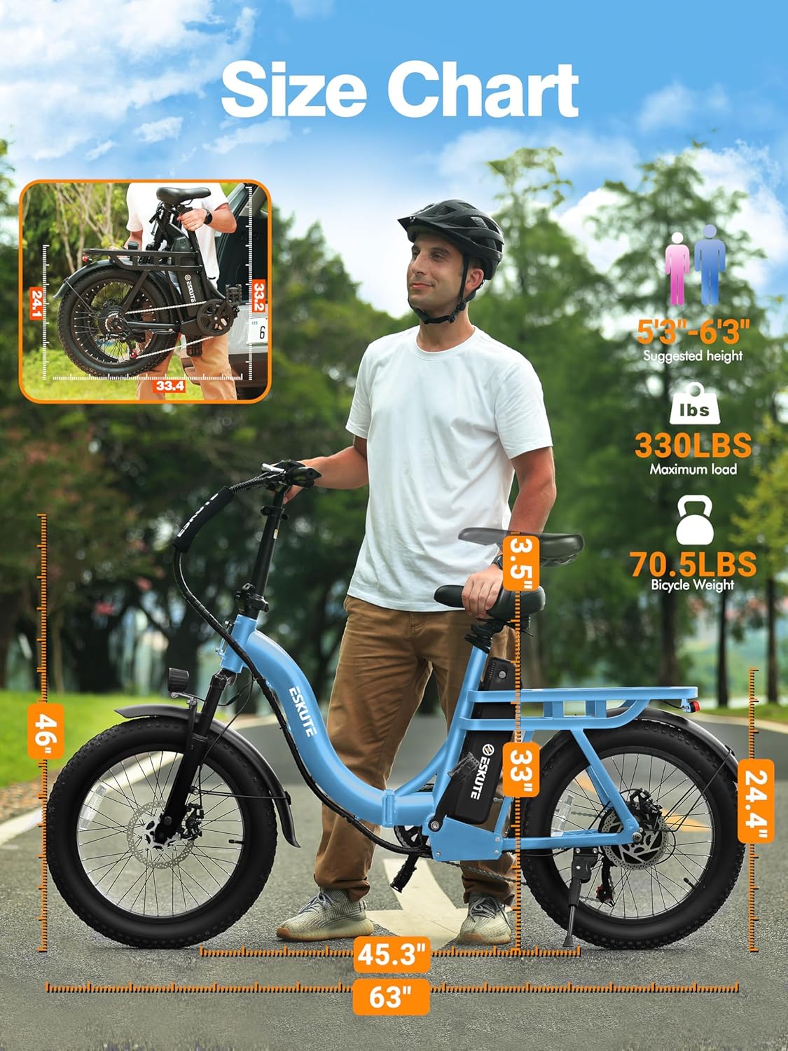 1200W Peak Folding Electric Bike for Adults, 28MPH 48V 10.4Ah Removable Battery, 55-Mile Range, 20"x3" Fat Tire, Step-Thru Ebike with Basket 7-Speed – Commuter E-Bike Blue Classic