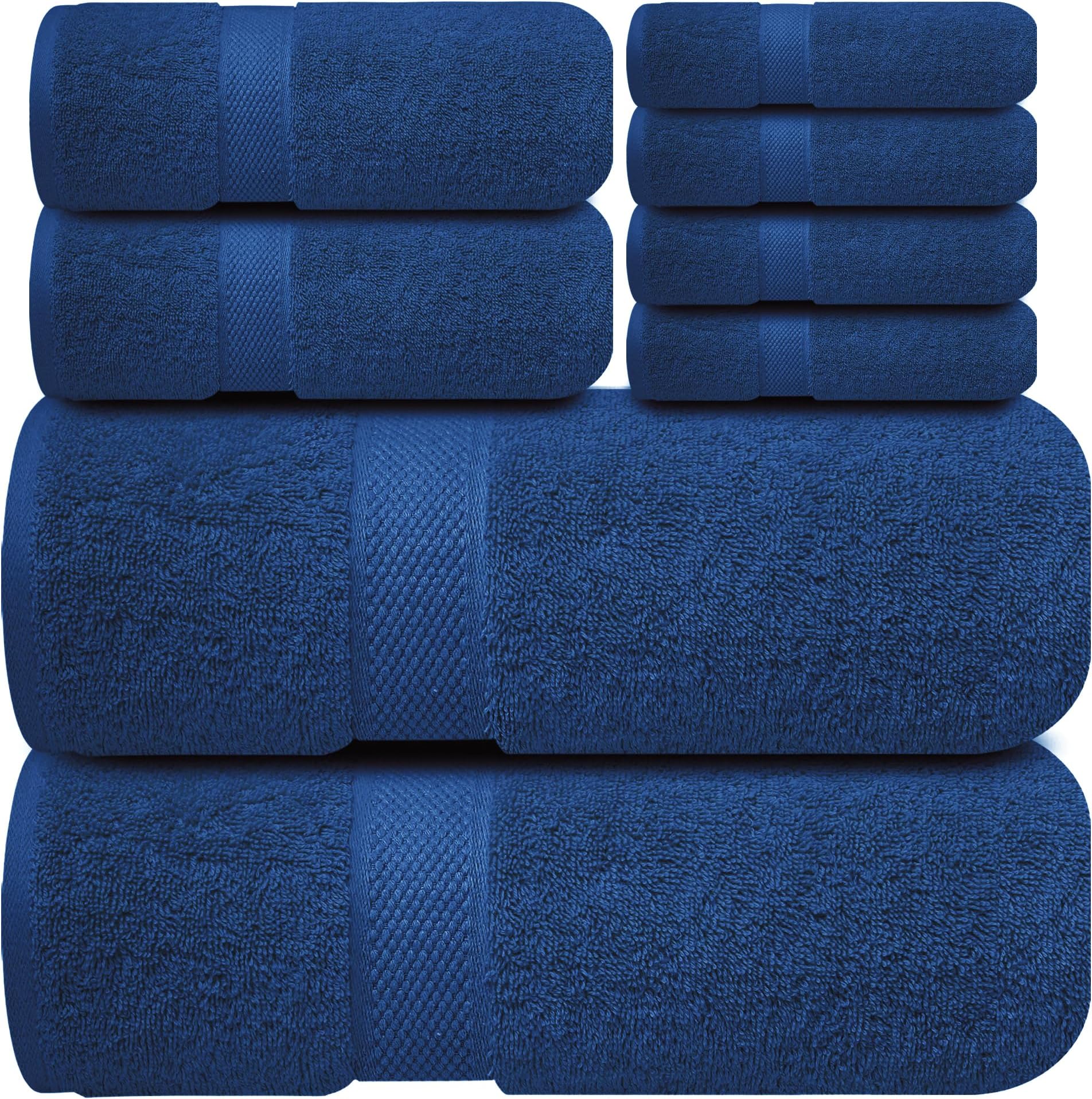 Infinitee Xclusives Premium Bath Towel Set 8-Piece (2 Bath Towels, 2 Hand Towels, 4 Washcloths), Super Absorbent Soft 100% Ring-Spun Cotton for Spa, Gym, Hotel & Bathroom |Tranquil Navy|