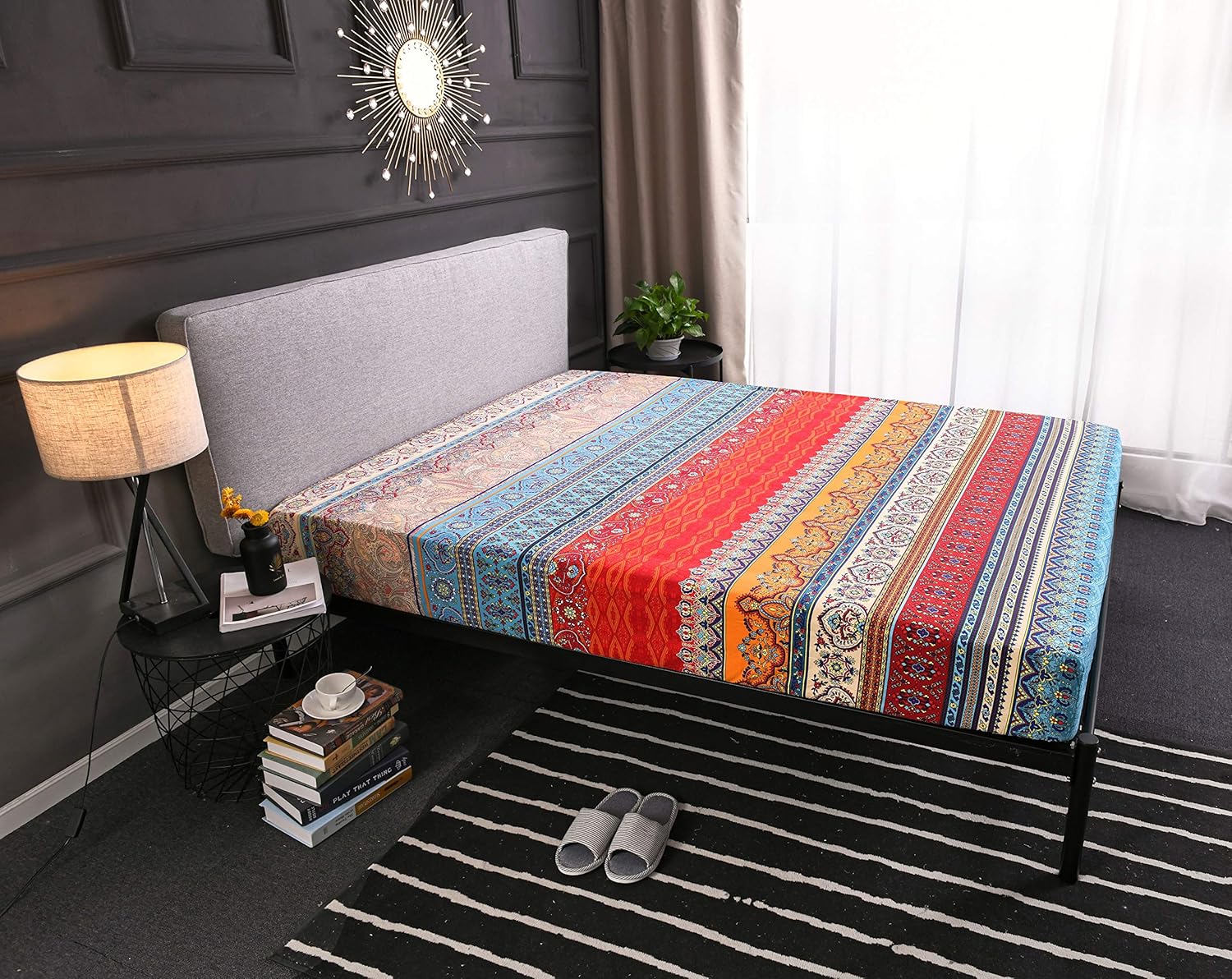 Bohemia Exotic Striped Fitted Sheet, Brushed Cotton Boho Fitted Bed Sheet Queen Size