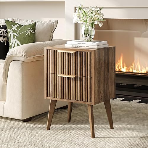 Miniatura 2 de Mesita de noche con 2 cajones, mesita de noche moderna de mediados de siglo, mesa auxiliar acanalada con patas de madera maciza, mesa auxiliar