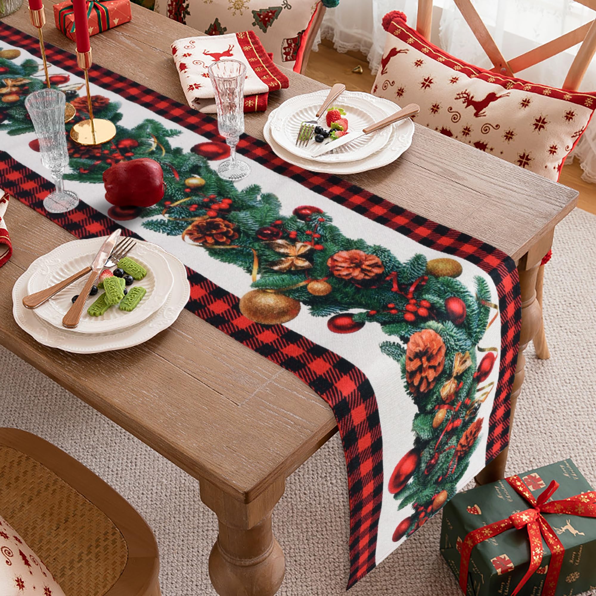 Red Black Buffalo Plaid Christmas Table Runner – 13x72 Inch Holiday Table Decor With Holly & Berry Design - View #2