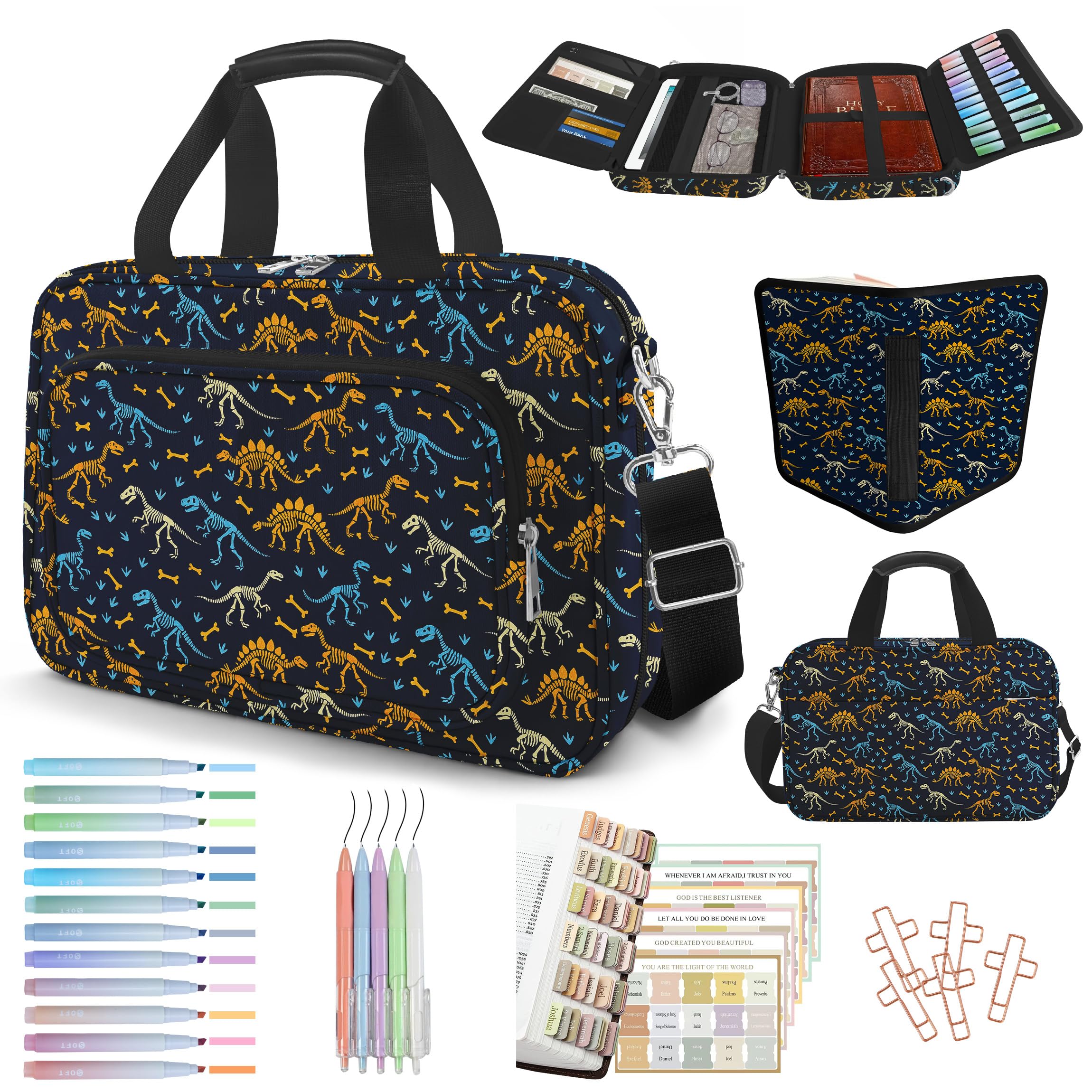 bolimoss Dinosaur Bible Cover for Boys, Bible Cover Case with Shoulder Strap Handle, Large Carrying Book Case with Zipper Pocktes, Bible Accessories with Pens Highlighters Cross Clip, Christian Gifts