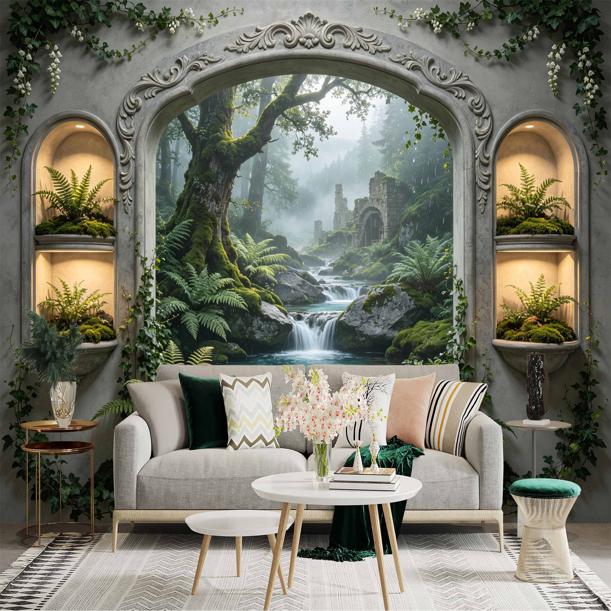 Custom Size Wall Sticker Mural， Fantasy Forest Waterfall with Stone Ruins and Fern Plants， for wall Decoration， peelandstick wall Decals.