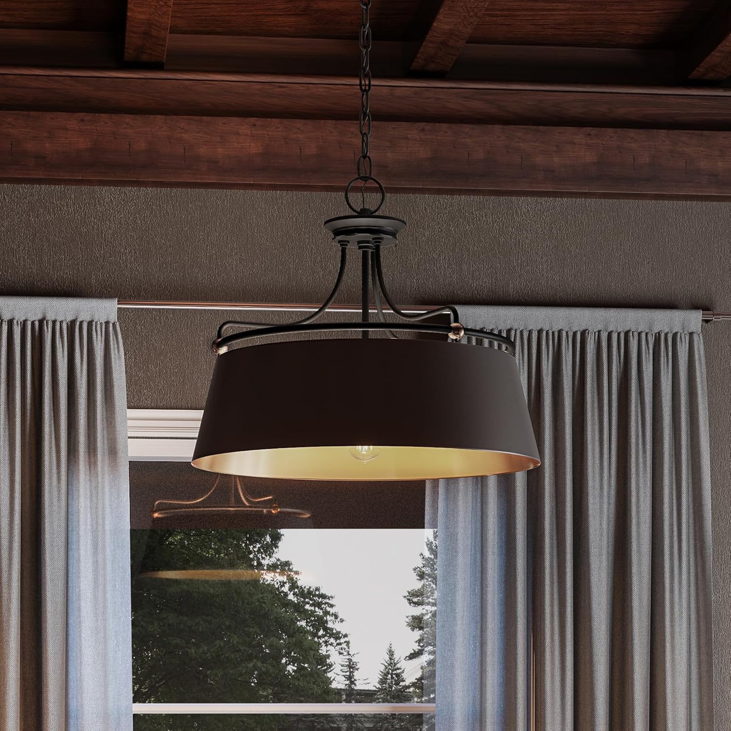 Quoizel Fairview Pendant Lighting, 24 Inch 4-Light Western Bronze Drum Chandelier, Max Hanging Height 75", Curved Metal Ceiling Light Fixture for Kitchen Island, Bedroom, Dining, Hallway or Bar