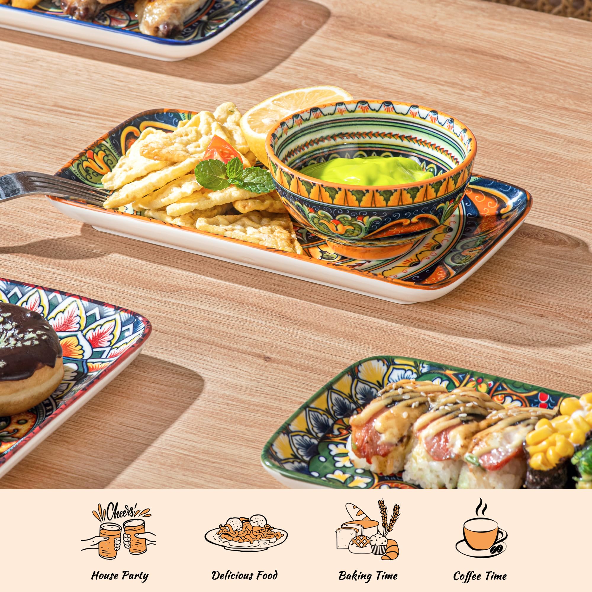 Henten Home Set di Piatti da Portata in Porcellana, Piatti Rettangolari 6 Pezzi, Piatti Piani Boemia per Sushi, Dessert, Spuntino, Antipasto - 20.5 x 11 cm