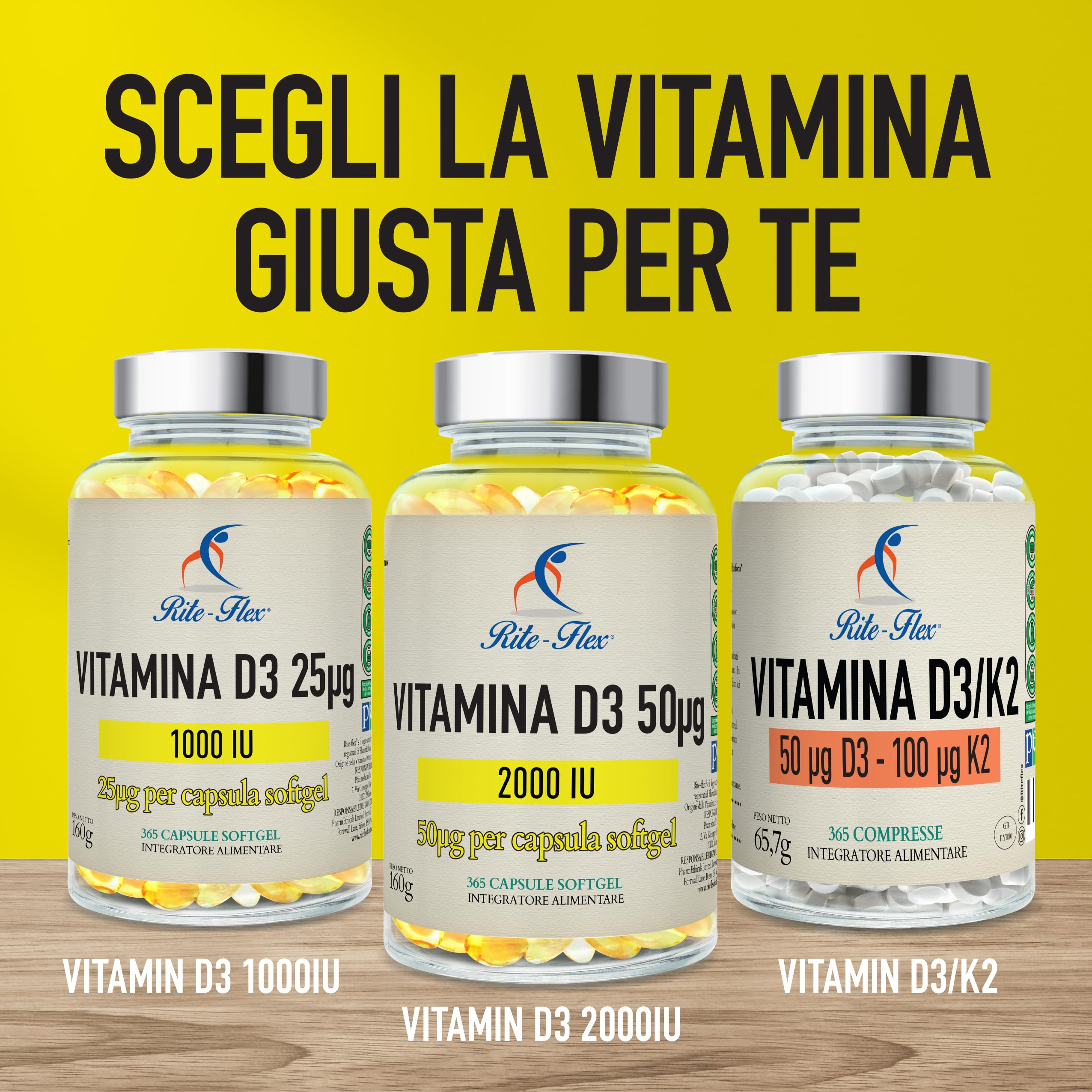 Rite-Flex, Integratore di Vitamina D3 2000 UI (365 Capsule Soft gel)