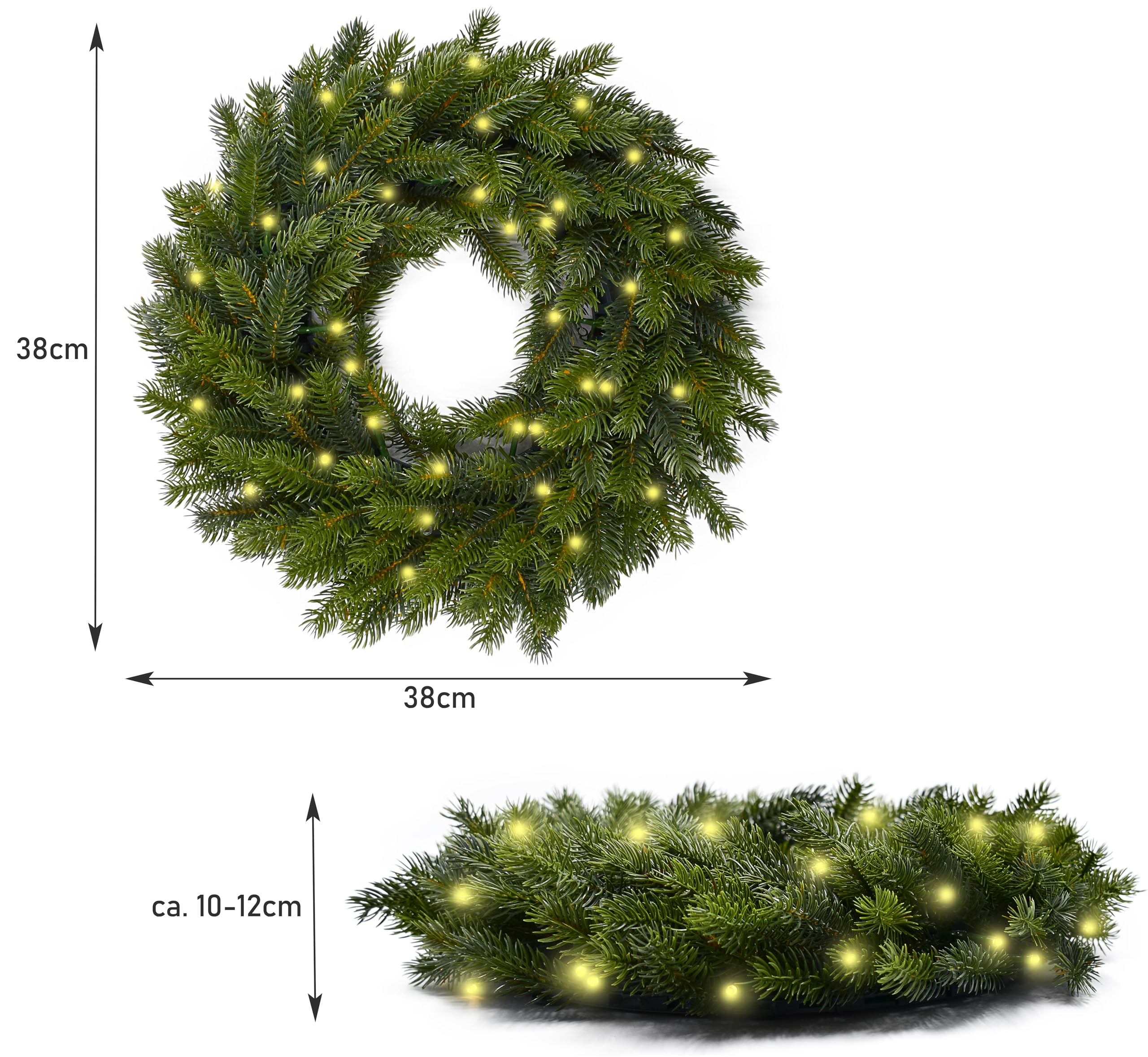 Türkranz mit Beleuchtung Ø40cm-49 LEDs-Klassischer Beleuchtet-Adventskranz, Künstlicher Weihnachtskranz, Hängekranz, Weihnachten für Innen und Außen-Batteriebetrieben, Grün