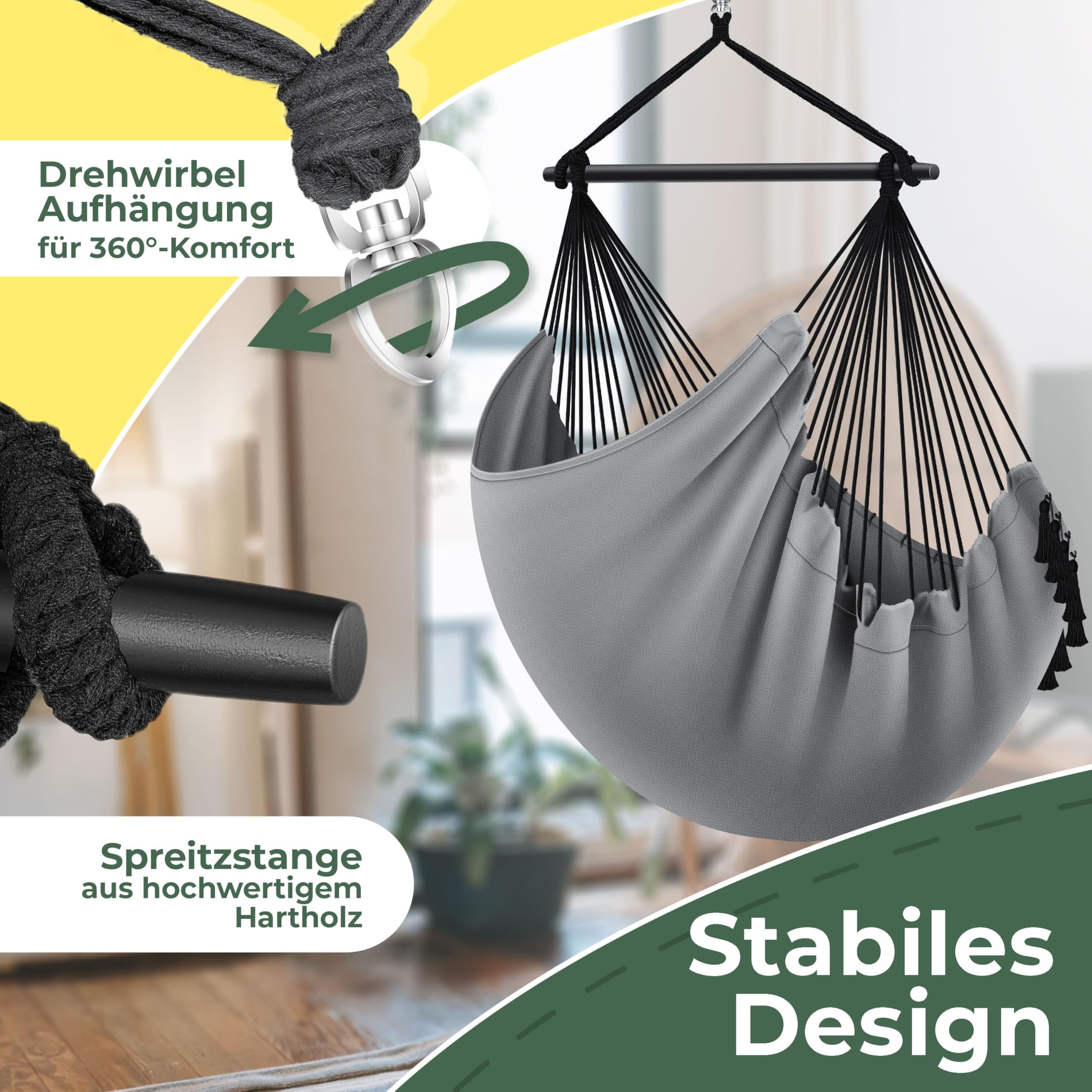 KESSER® Hängesessel Safari XXL Hängestuhl für Erwachsene & Kinder Hängematte bis 150 kg Hängesitz Aufhängung Indoor-Outdoor-Wohnen Inkl. Tragetasche, 2 Kissen, Getränkehalter & Bücherfach, Grau