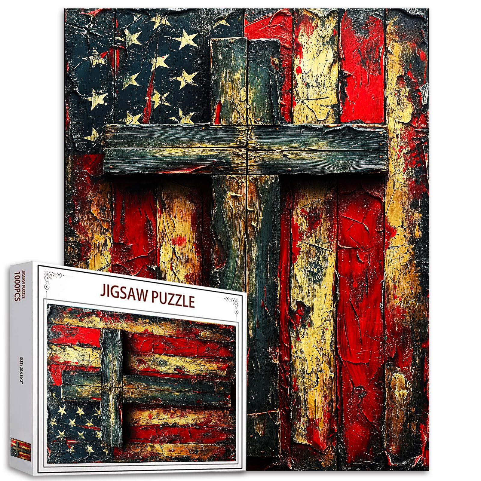 1000 Piece Cross Jigsaw Puzzles for Adults American Flag Cross Puzzles Christ Religious Puzzle Challenging Family Activity Games Colorful DIY Craft Puzzle for Home Decor Gifts