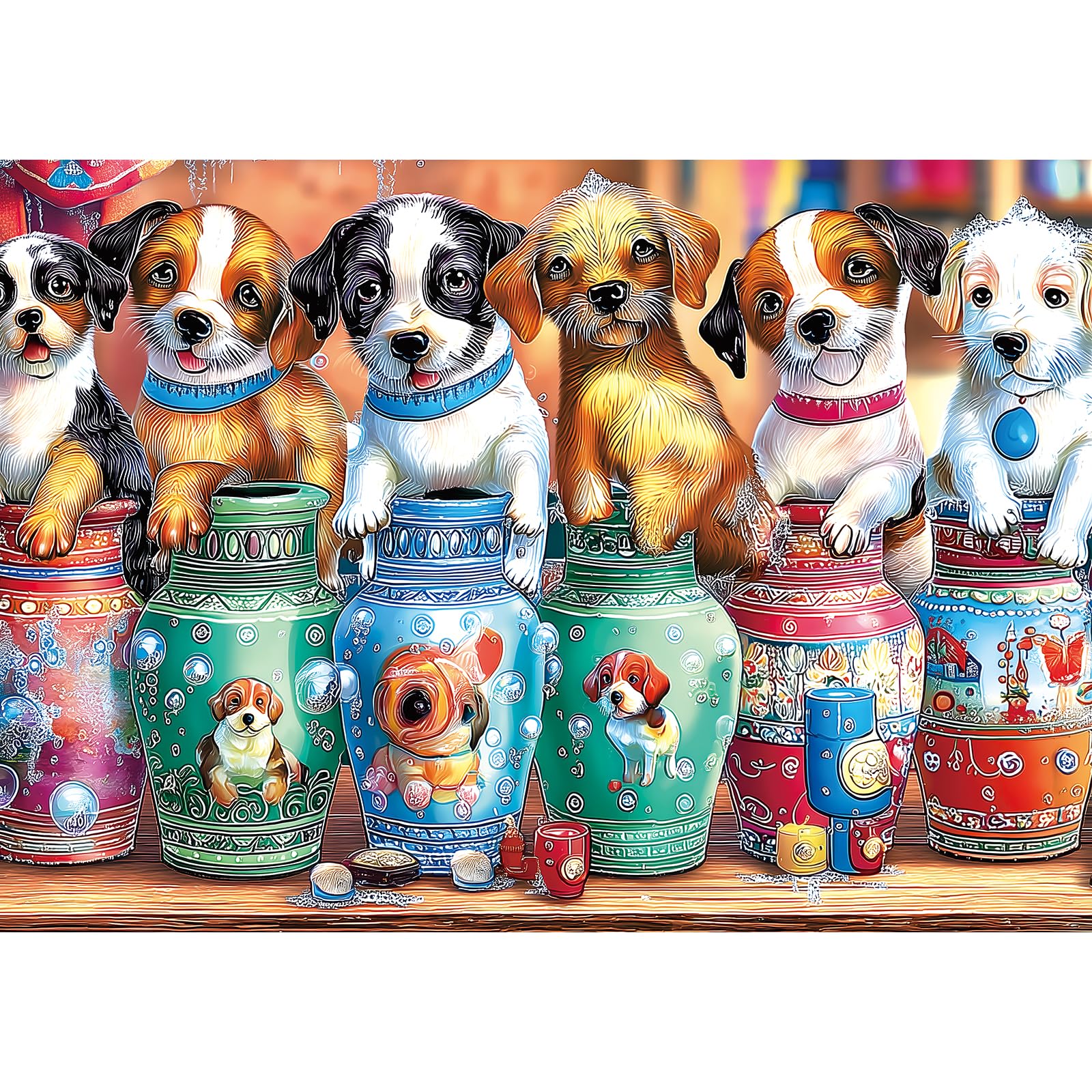 MINIWAN 300 Piece Puppy Dogs Mason Jars Jigsaw Puzzle, 17"x11" | Letters on Back, Poster Included, Dog Lover Gifts, For Adults & Seniors Colorful Vases & Puppy 17" X 11"