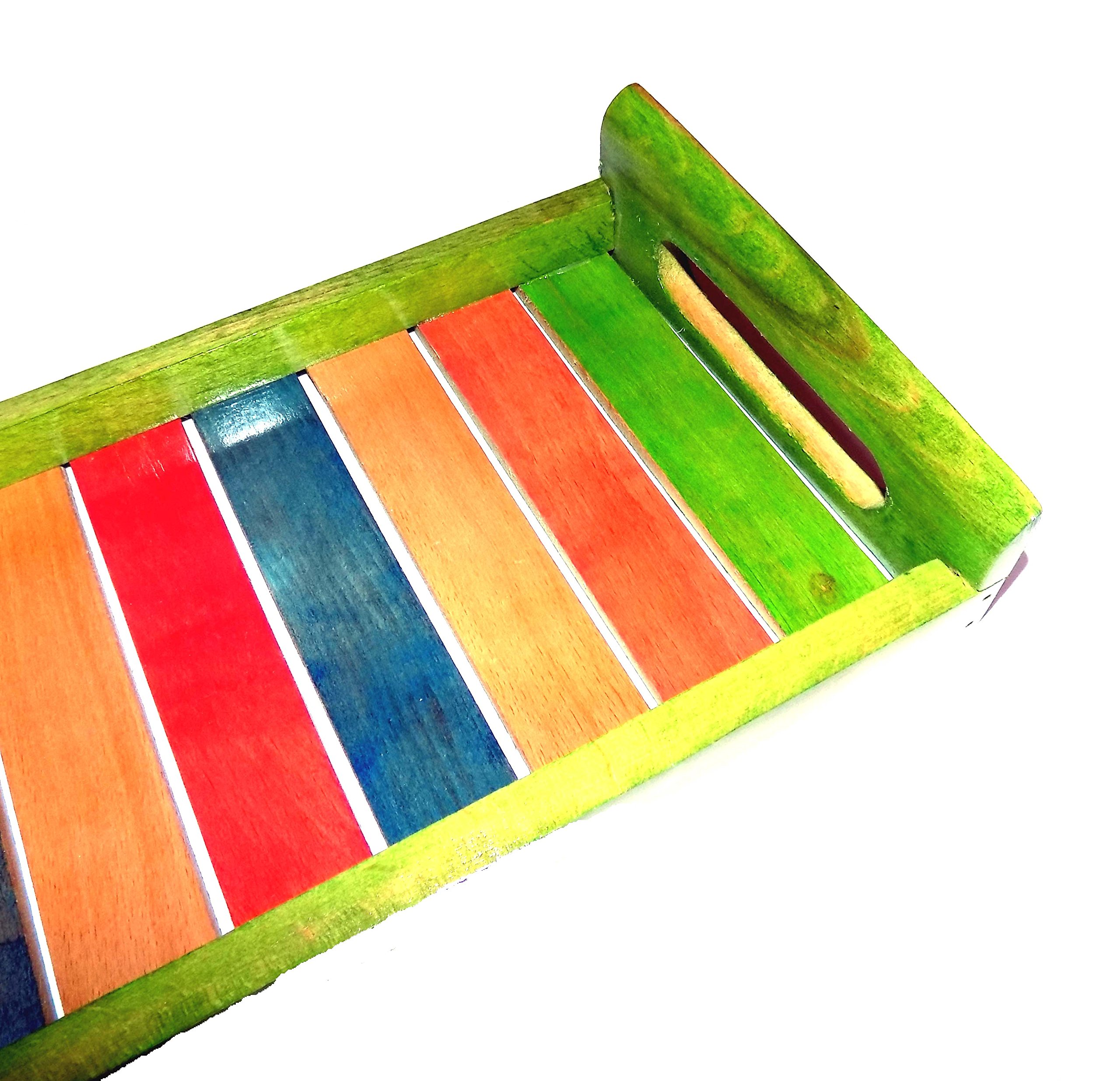 Naaz Wood Arts® Multicoloured Wooden Tray Blue,Yellow Green red -Serving Tray Platter Breakfast Tray Decorative Tray Table Top Bed