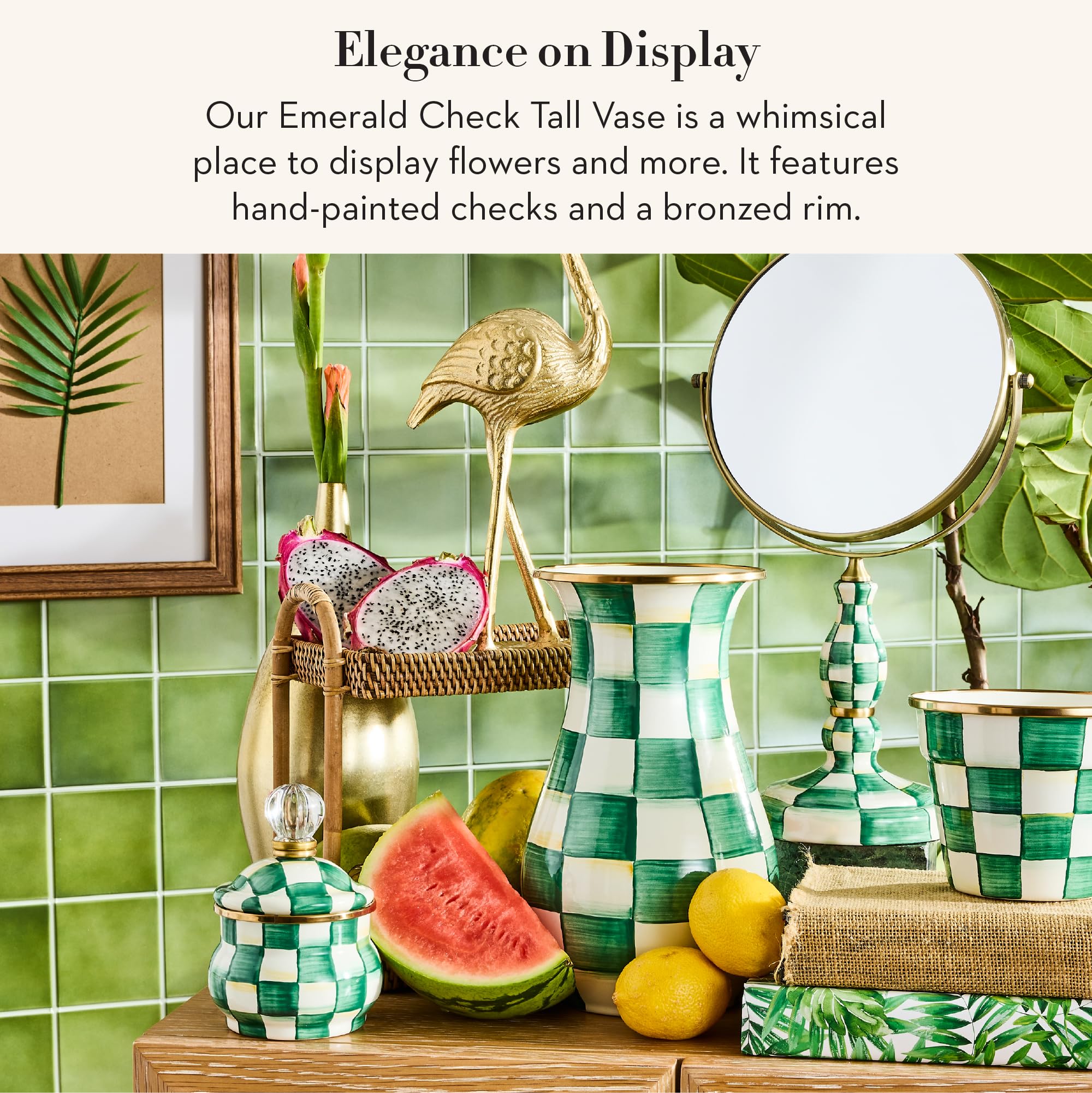 MACKENZIE-CHILDS Enamel Tall Vase Green-and-White Emerald Check | Hand-painted design decorative flower vase and bouquet holder made from enameled steel 6 dia. x 10 H product thumbnail 3