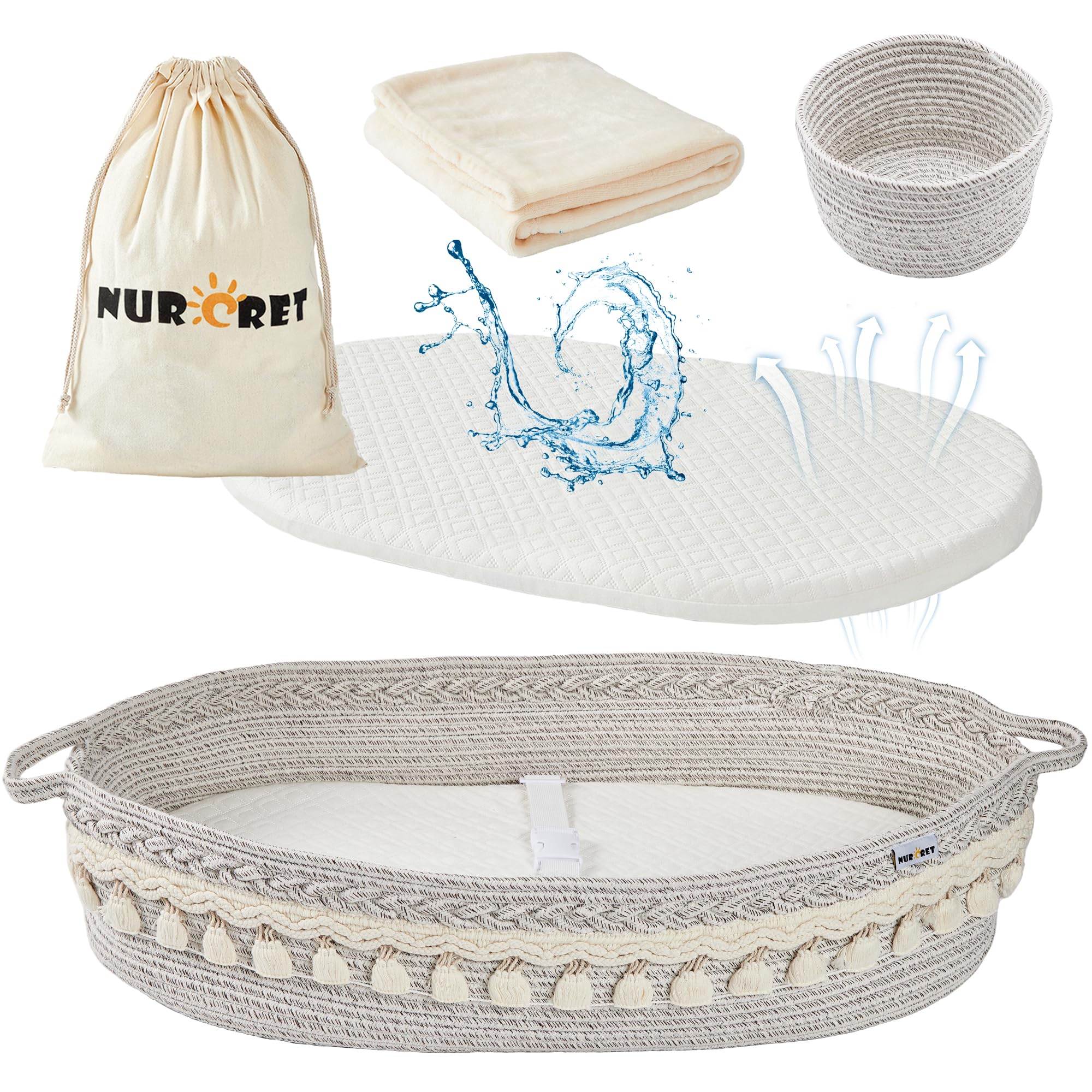 Baby Changing Basket, Foldable Portable Changing Pad, Moses Basket for Newborn, Changing Table Topper for Dresser, Cotton Rope Diaper Caddy for Travel