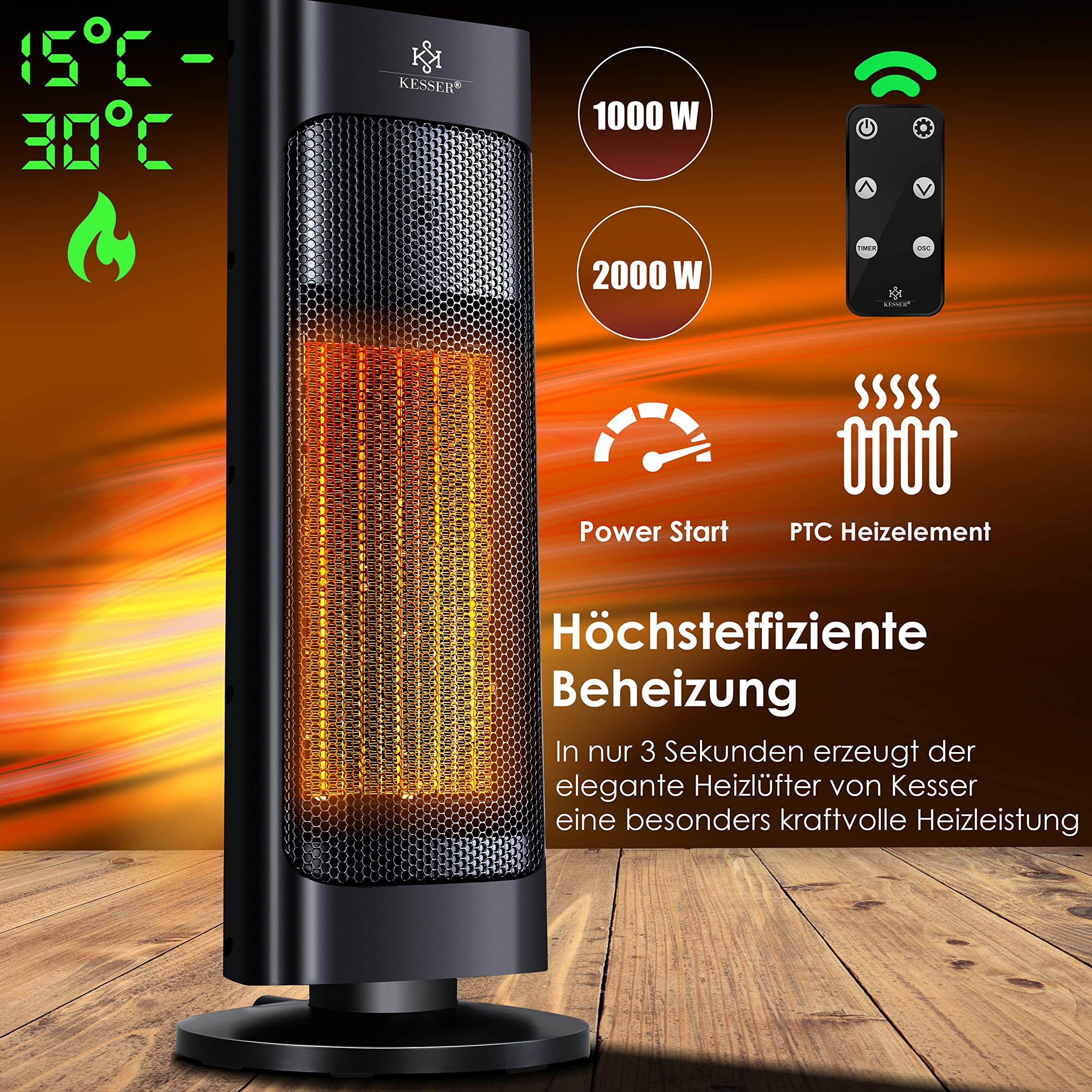 KESSER® Radiateur Soufflant avec Télécommande - Économe en Energie - Silencieux - 2000 W - En Céramique - 15-30 °C - Chauffage Rapide avec Fonction Oscillation de 80 ° - Minuterie 24 h (Noir)