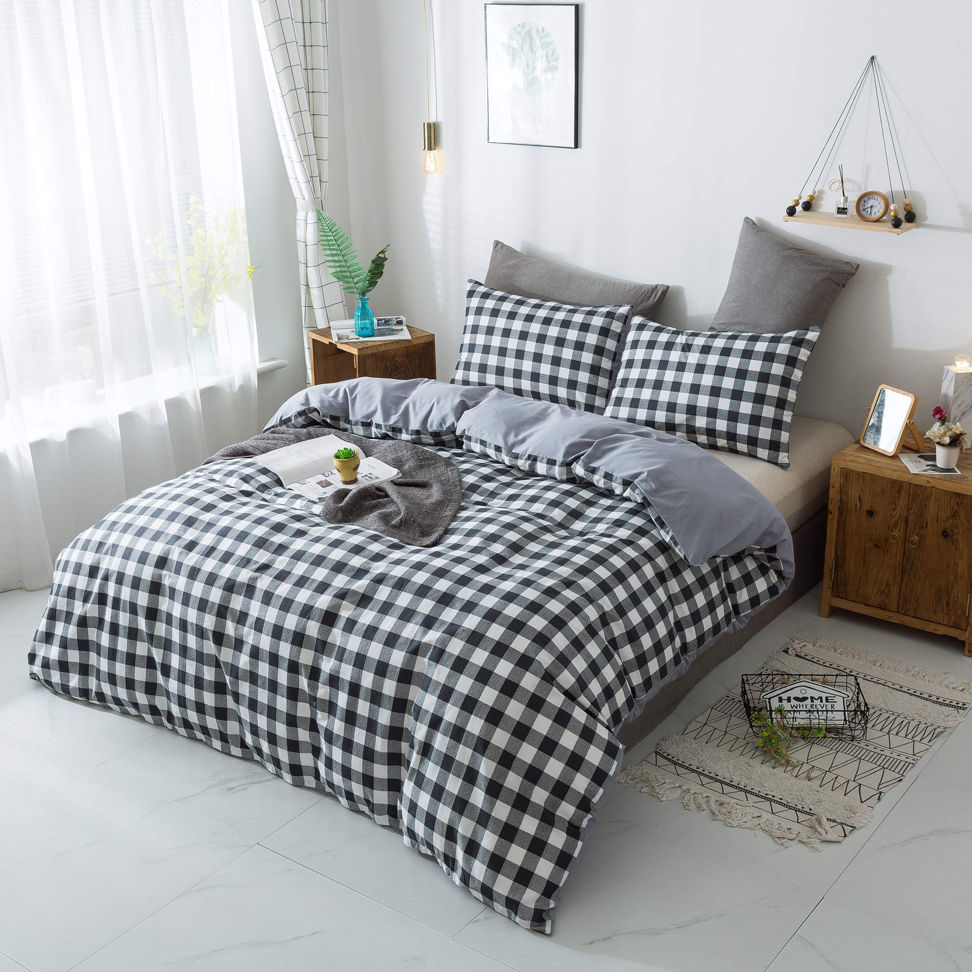 Emily Girl Kids' Duvet Cover Sets - 3 Piece (1 Duvet Cover & 2 Pillowcases), Soft Cotton Buffalo Plaid Bedding Set with Zipper Closure Corner Ties for Boys Teens Girls, Black/Gray/White, Queen