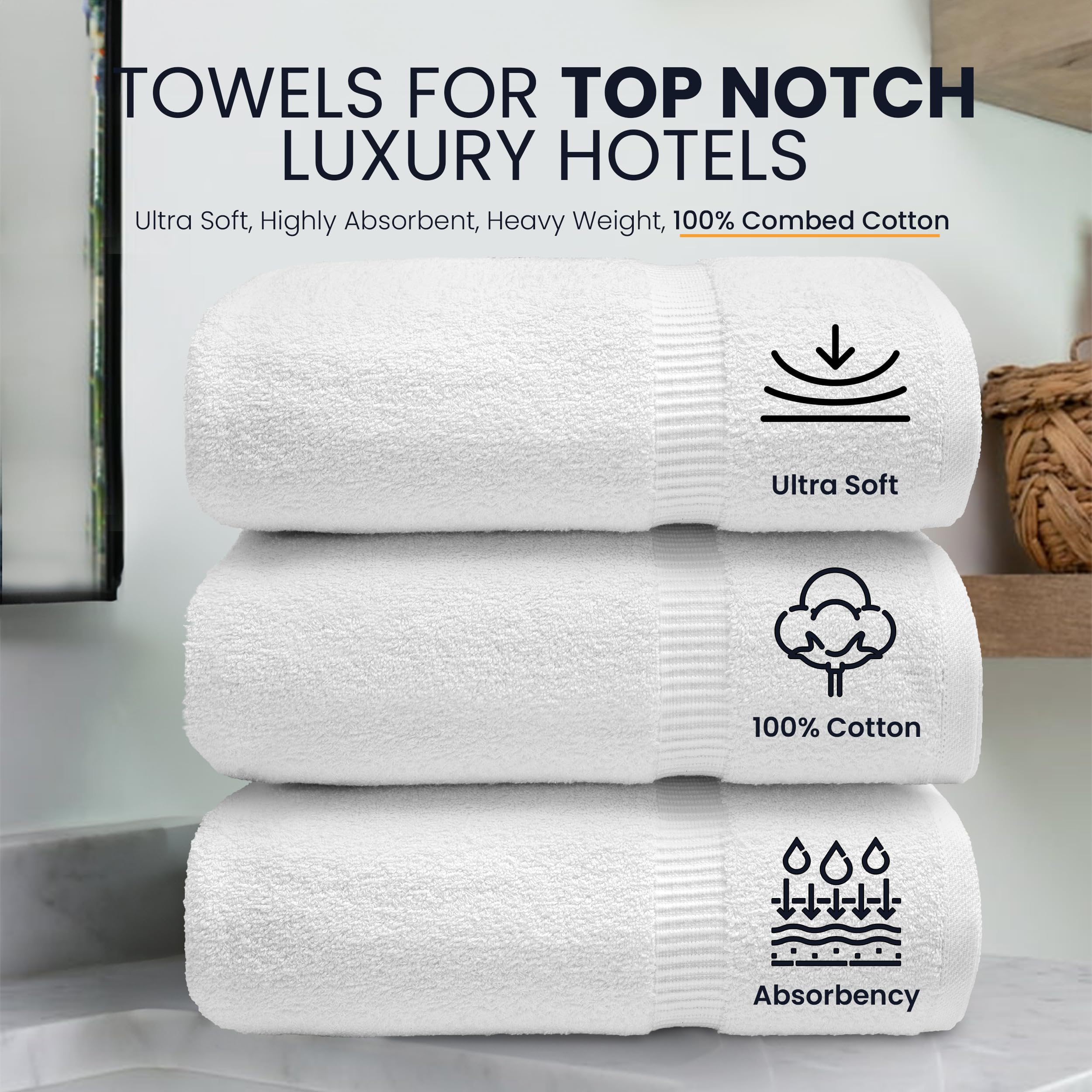 belem Bulk Bath Towels (27x50) | Luxury Collection Hotel Bath Towels |36 Pieces/3 Dozen Wholesale Pack | 100% Combed Cotton Highly Absorbent (700GSM) White Bath Towels for Hotel, Spa & Everyday Use
