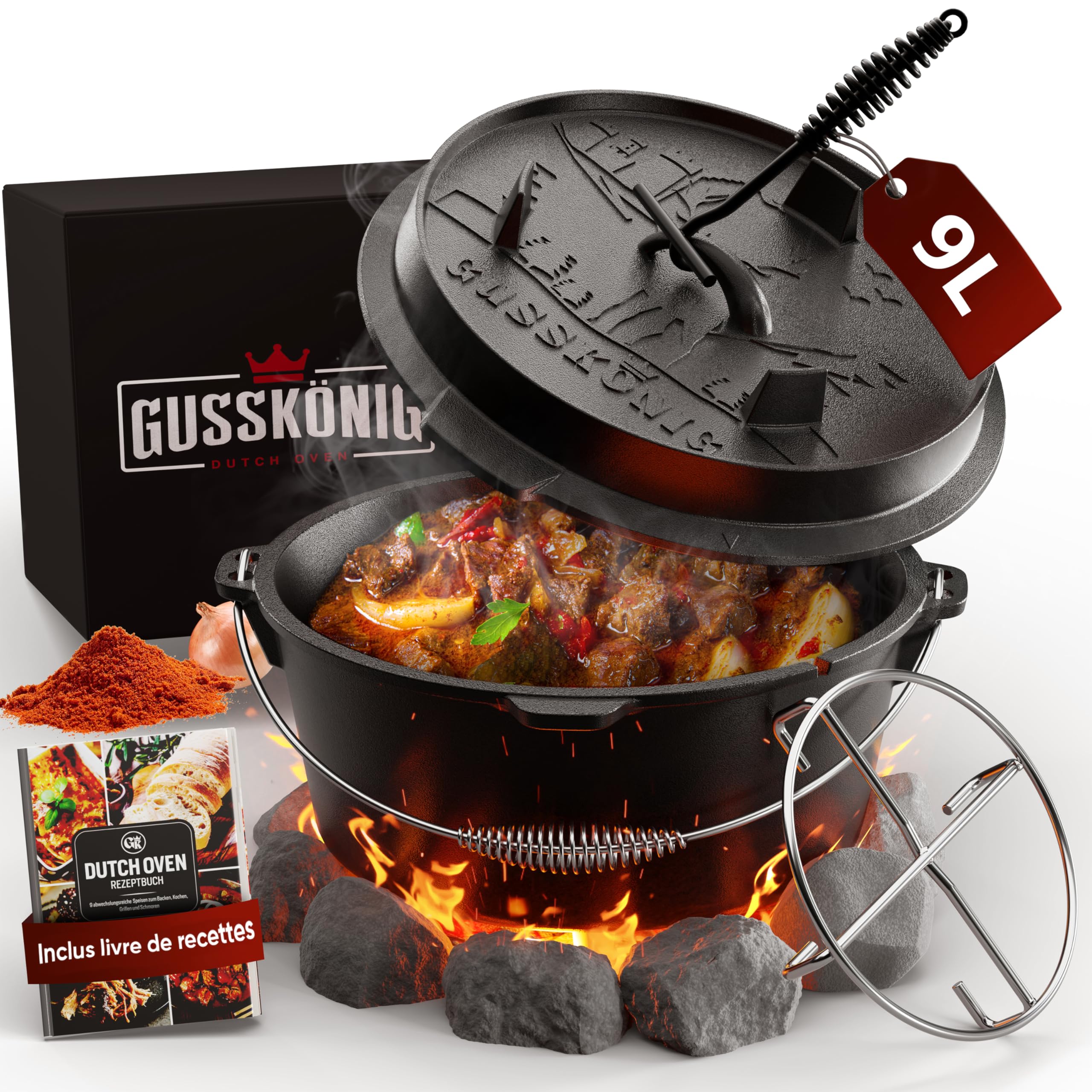 GUSSKÖNIG dutch oven Cocotte Fonte Barbecue - Cocotte Émaillée 9L sans Pieds - Chaudron en fonte - Double Fonction - Marmite fonte-Marmite feu de bois, Inclus : Brosse & Livre de Recettes