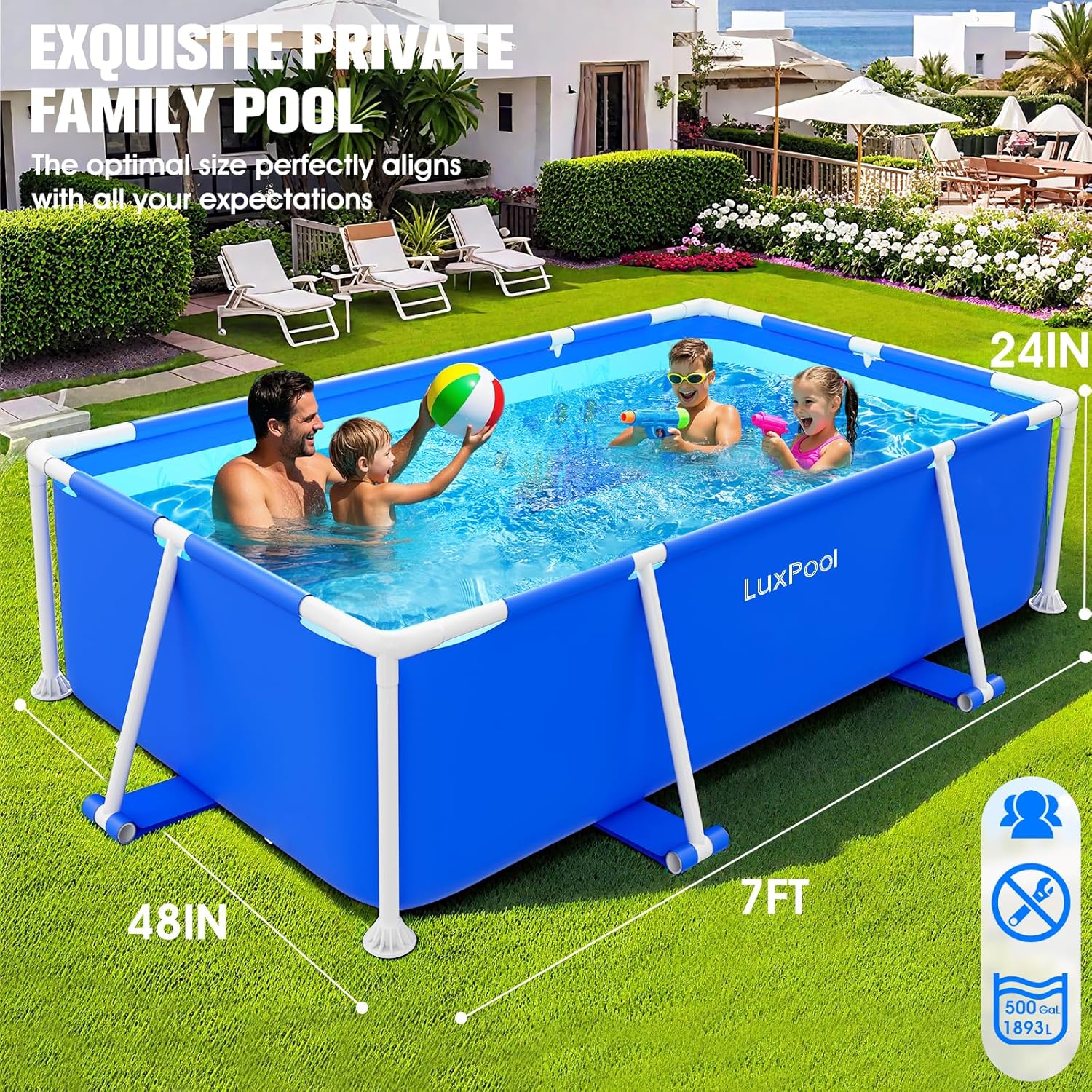 BLUE 7X48X24 Above Ground Pool, 2025 Upgraded Frame Deep Swimming Pool, Rectangle Family Pool, Large Above Ground Pool Easy Set, 7ft x 48in x 24in Outdoor Pool, Backyard Pool for Kids, Adults
