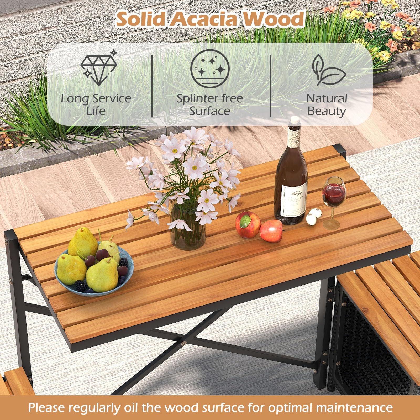 LIFEZEAL Set Salotto da Giardino 2 in 1 Versatile (Nero+Naturale) | Tavolo, 2 Sedie Contenitore in Rattan e Legno di Acacia, Convertibili in Panchina, Portata 360 kg, per Terrazza, Balcone