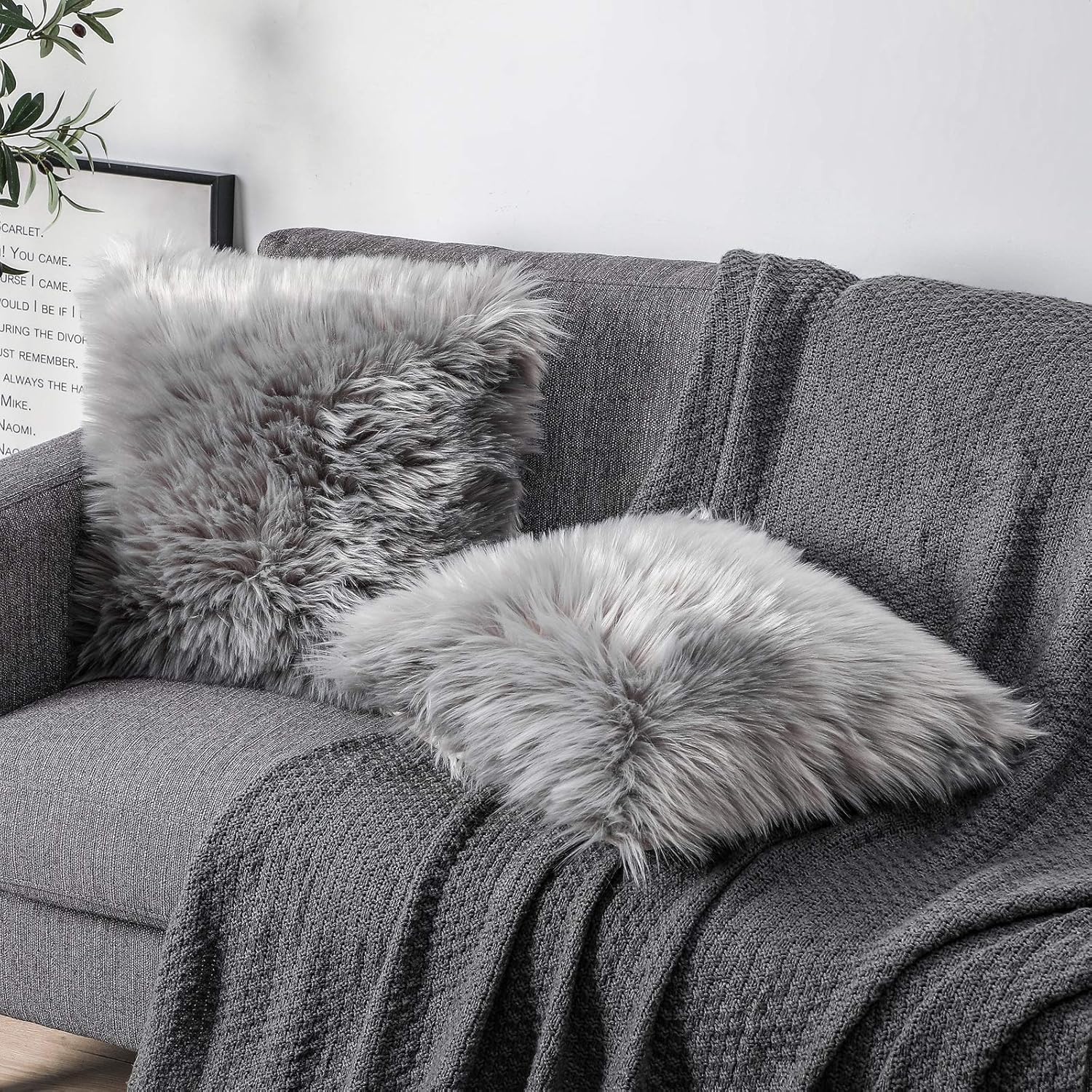 OYIMUA Fluffy Decorative Throw Pillow Covers Gray 18×18, Faux Fur Farmhouse Luxury Pillow Cases,Soft Plush Fuzzy Cushion Covers for Sofa Couch Living Room Bedroom Set of 2 - Image 3