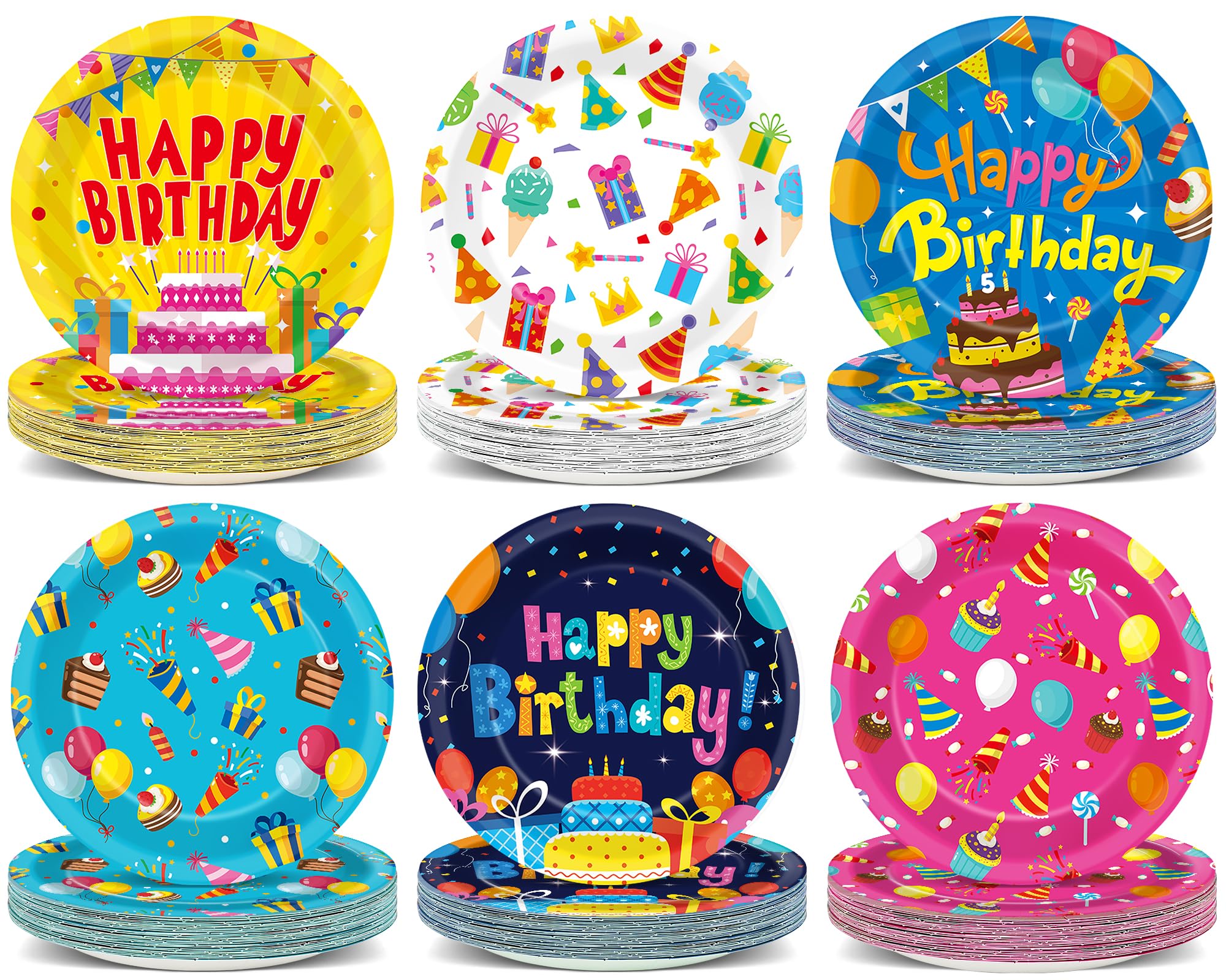 60Pcs Happy Birthday Plates Party Supplies 7” Colorful Birthday Plates Colorful Happy Birthday Tableware Party Decorations for Kids Boys Girls