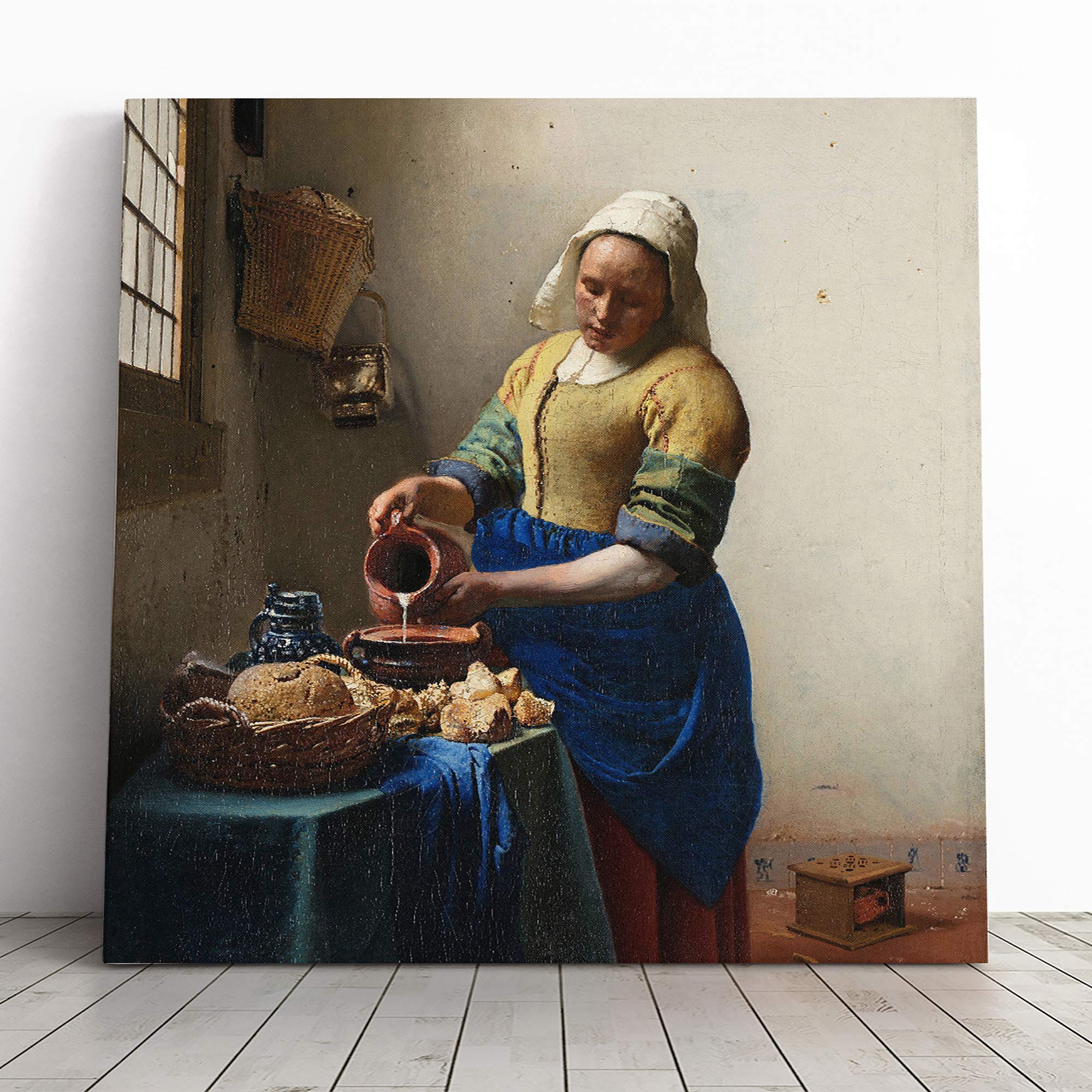 Big Box Art Canvas Print Wall Art Johannes Vermeer The Milkmaid | Mounted and Stretched Box Frame Picture | Home Decor for Kitchen, Living, Dining Room, Bedroom, Hallway, Muli-Colour, 14x14 Inch