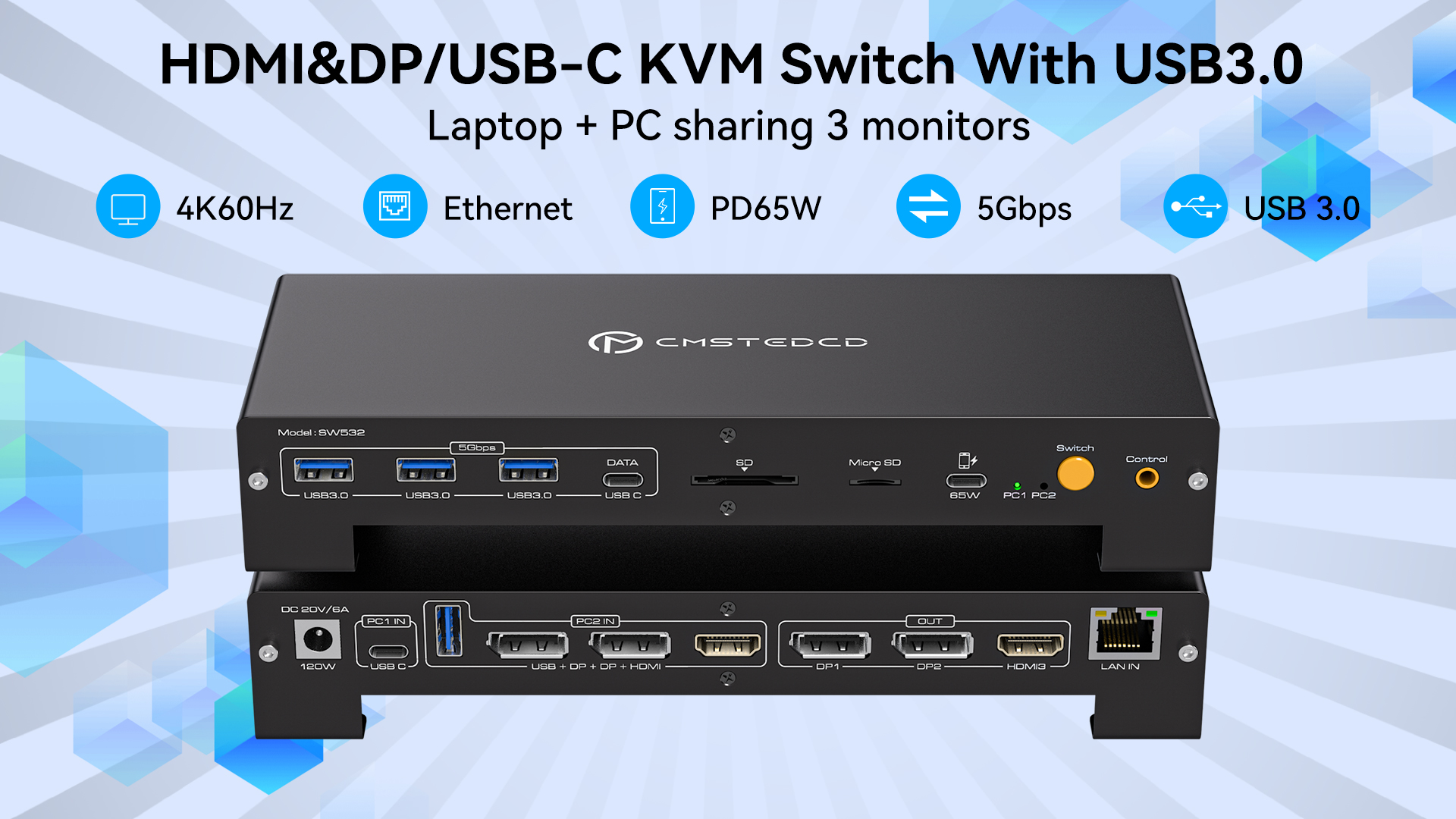 Image of USB C KVM Docking Station Switch 3 Montors 2 Computers with 100W PD Supply Hybrid Displayport and HDMI KVM Triple 4K60Hz or Dual 4K144Hz Extended Display for Laptop and PC Share 15 in 1 Dock