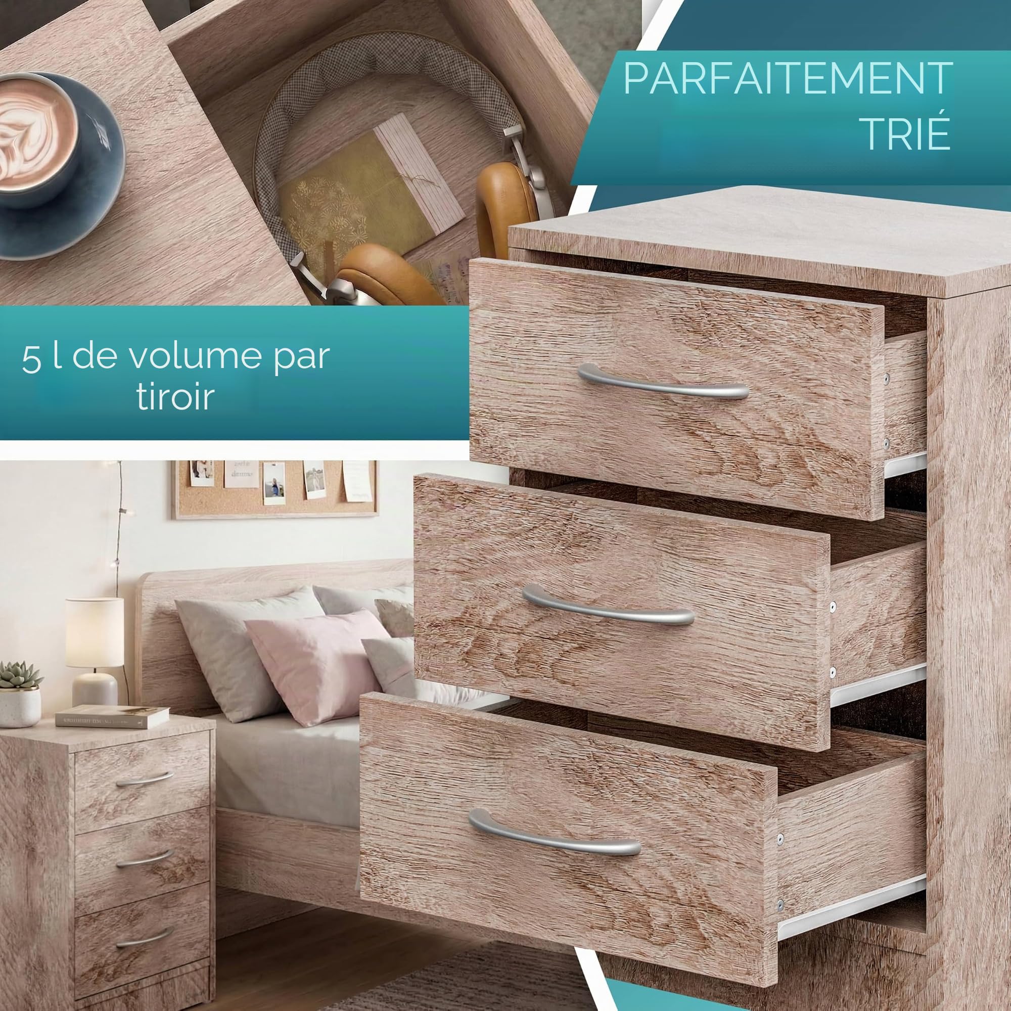 CASARIA 2X Table de Nuit Bois 3 tiroirs 54x39x28cm Table de Chevet Chambre à Coucher Petit Meuble intérieur Rangement