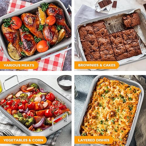 Miniatura 7 de Sunvivi Sartén para asar de 15.6 pulgadas con estante en forma de V, sartén rectangular para lasaña con asa, asador antiadherente de acero