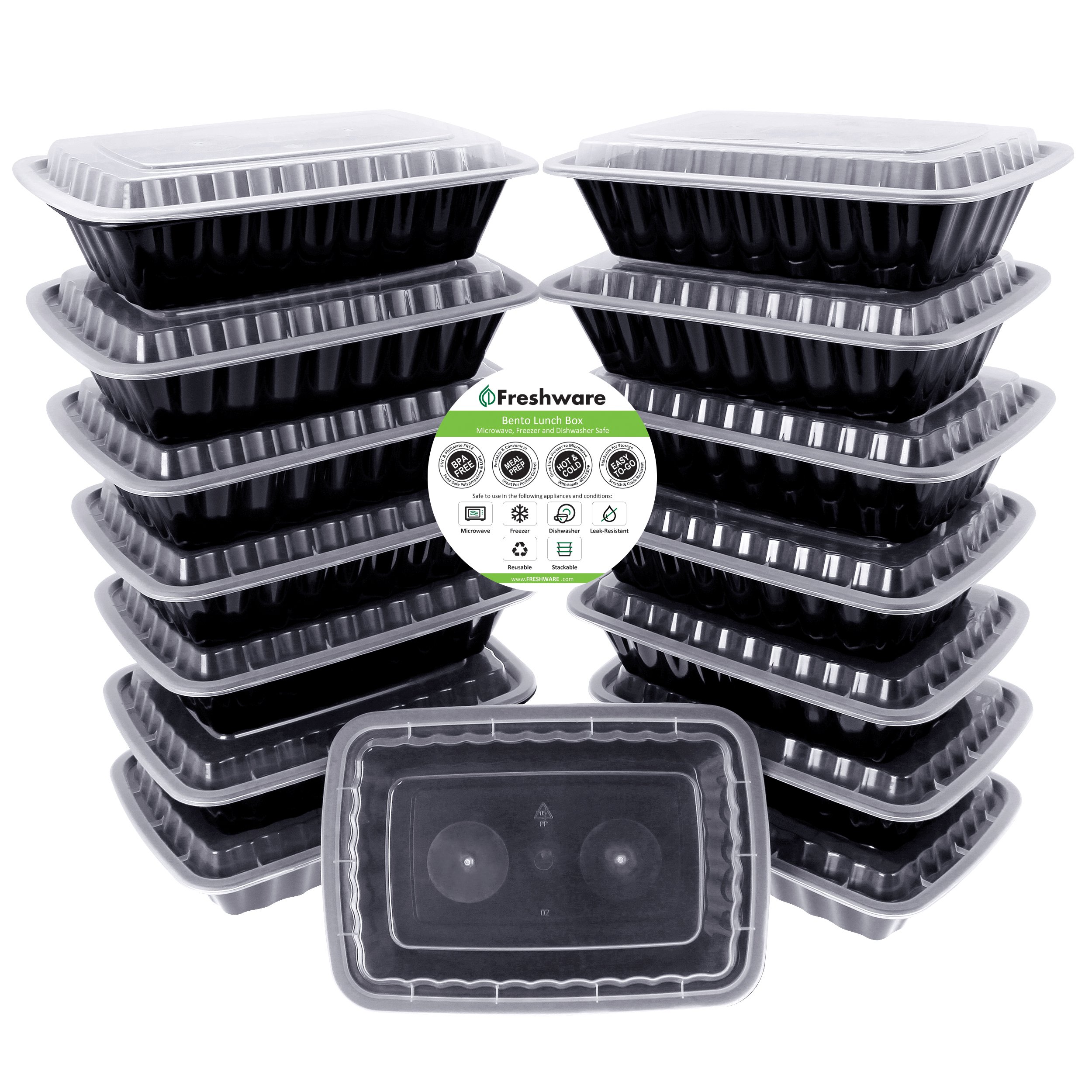 FreshwareYH-8088 1-Compartment Bento Lunch Boxes with Lids, Pack of 15, Black