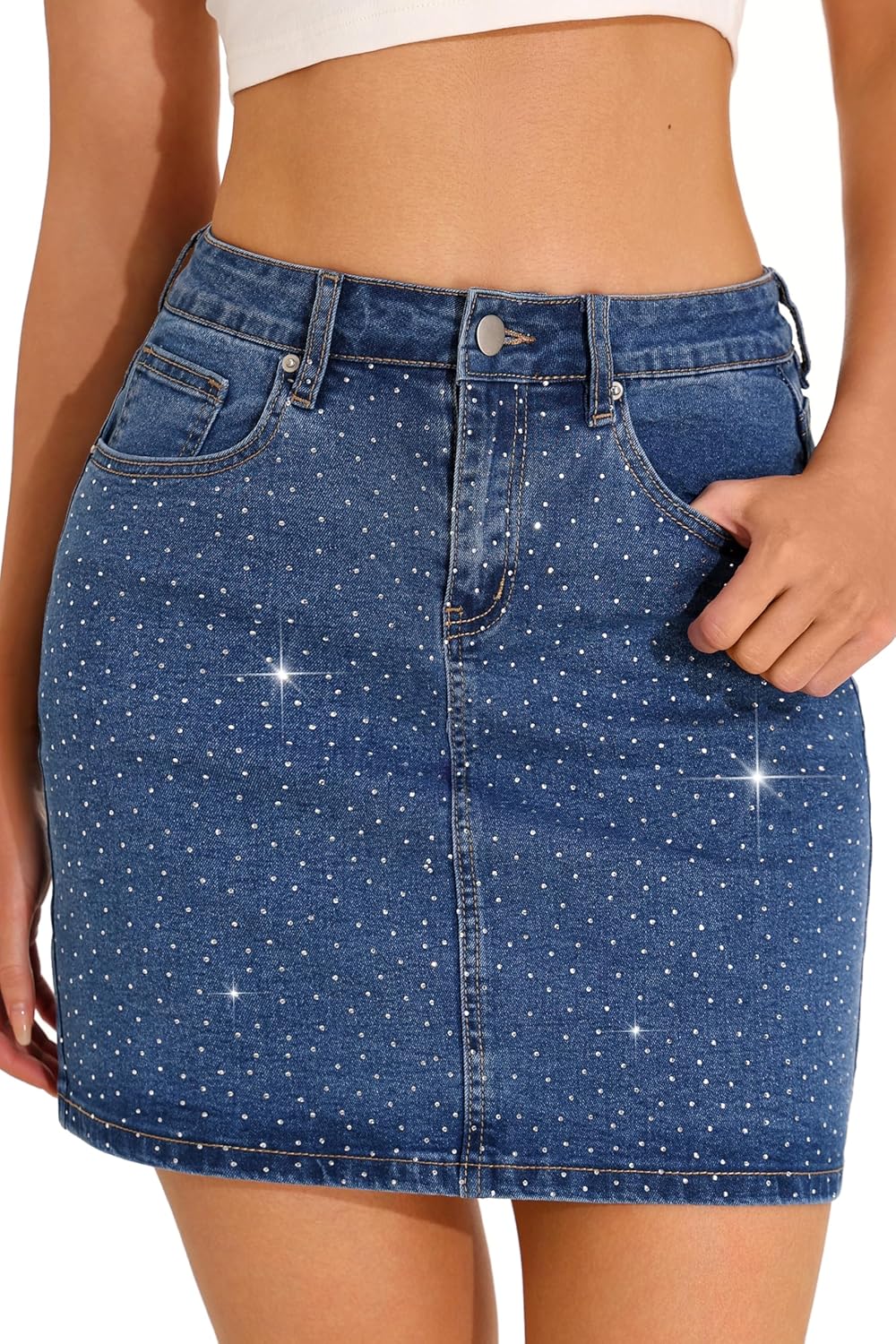 GUANYY Jean Skirts for Women Denim Sparkle Rhinestone Diamond High Waisted Stretch Mini Skirt