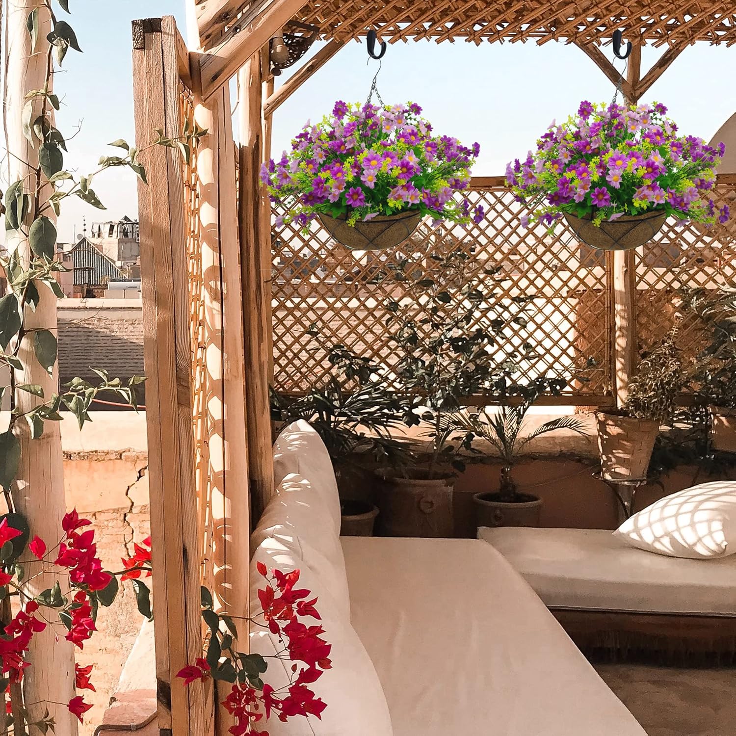 Artificial Faux Hanging Plants Flowers Basket for Summer Autumn Outdoor Outside Porch Decoration, Fake Silk Colorful Daisy Eucalyptus UV Resistant Look Real for Home Patio Balcony Yard - Image 8