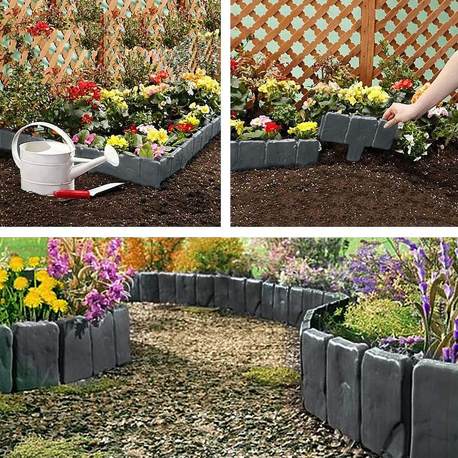 UISEBRT 20 Pezzi Bordo per Giardini Grigio 5m, Bordo per Prato in plastica, Effetto Pietra, Palizzata per Giardino Bordo Aiuole, Antracite
