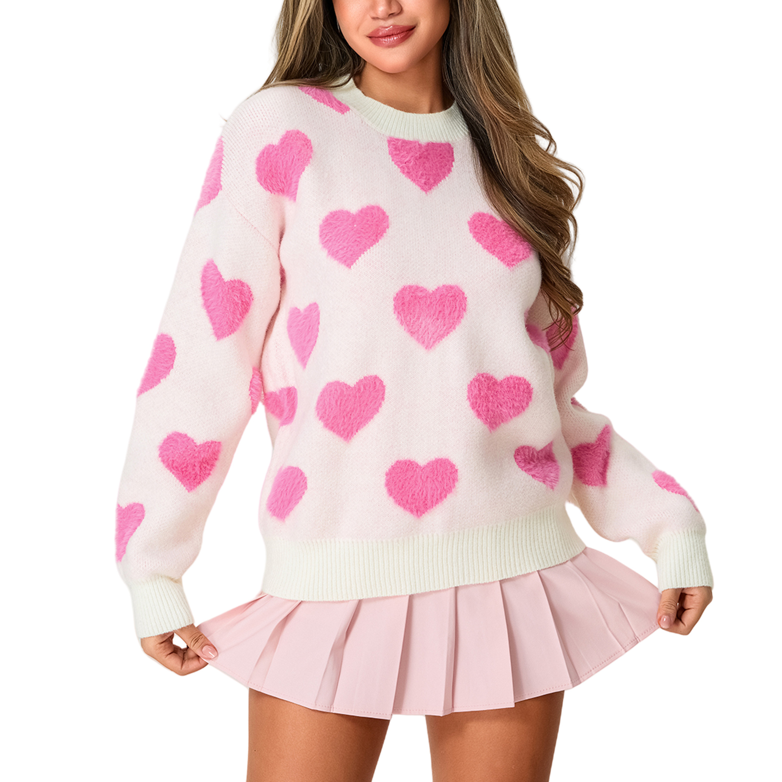 Women's Valentines Heart Sweatshirt - Cute Red Hearts Crewneck Pullover, Casual Loose Fit Long Sleeve Graphic Top
