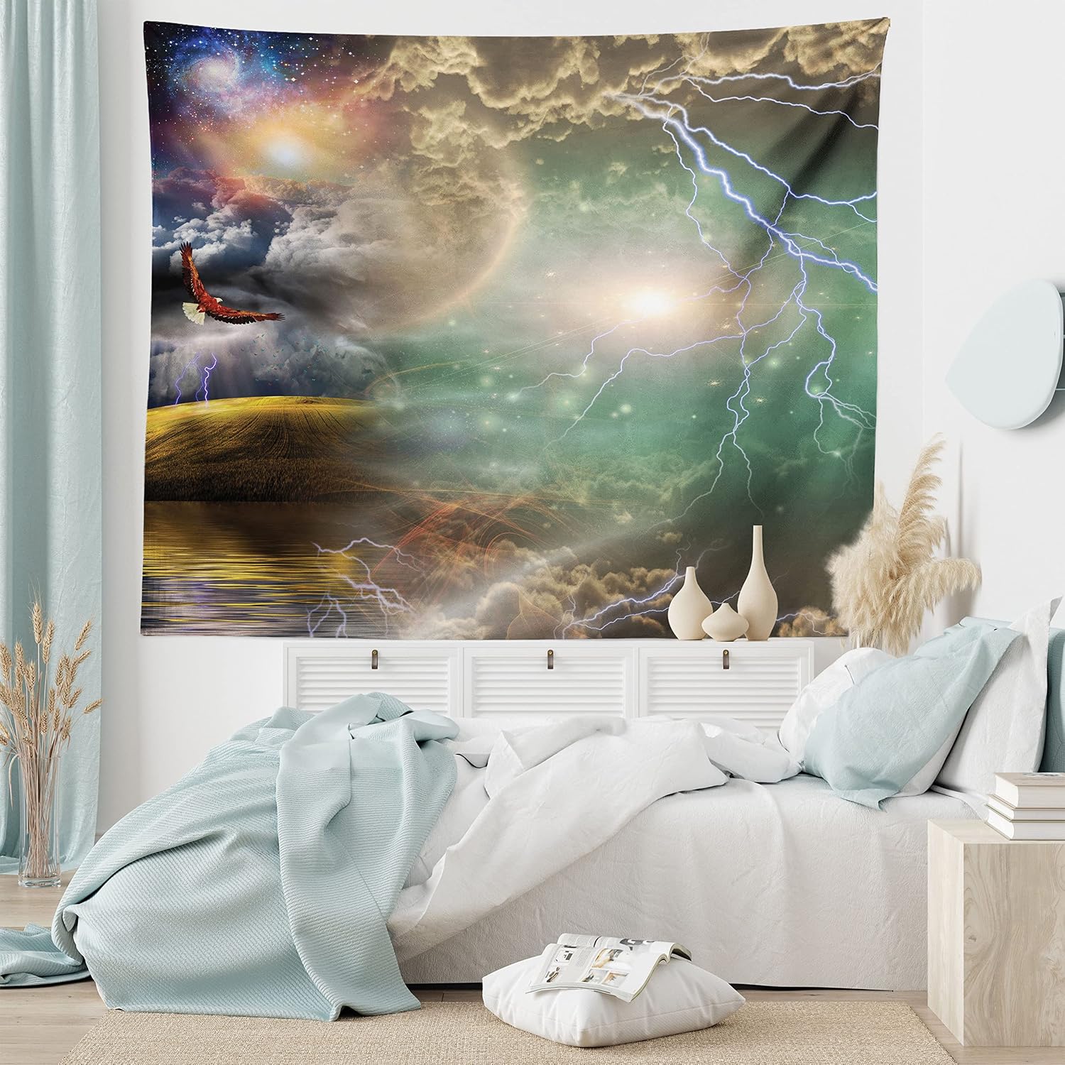 Ambesonne Fantasy Tapestry, Different Sky Celestial Events with an Eagle Thunderstorm Clouds Outer Space Image, Wide Wall Hanging for Bedroom Living Room Dorm, 60" X 40", Purple Yellow