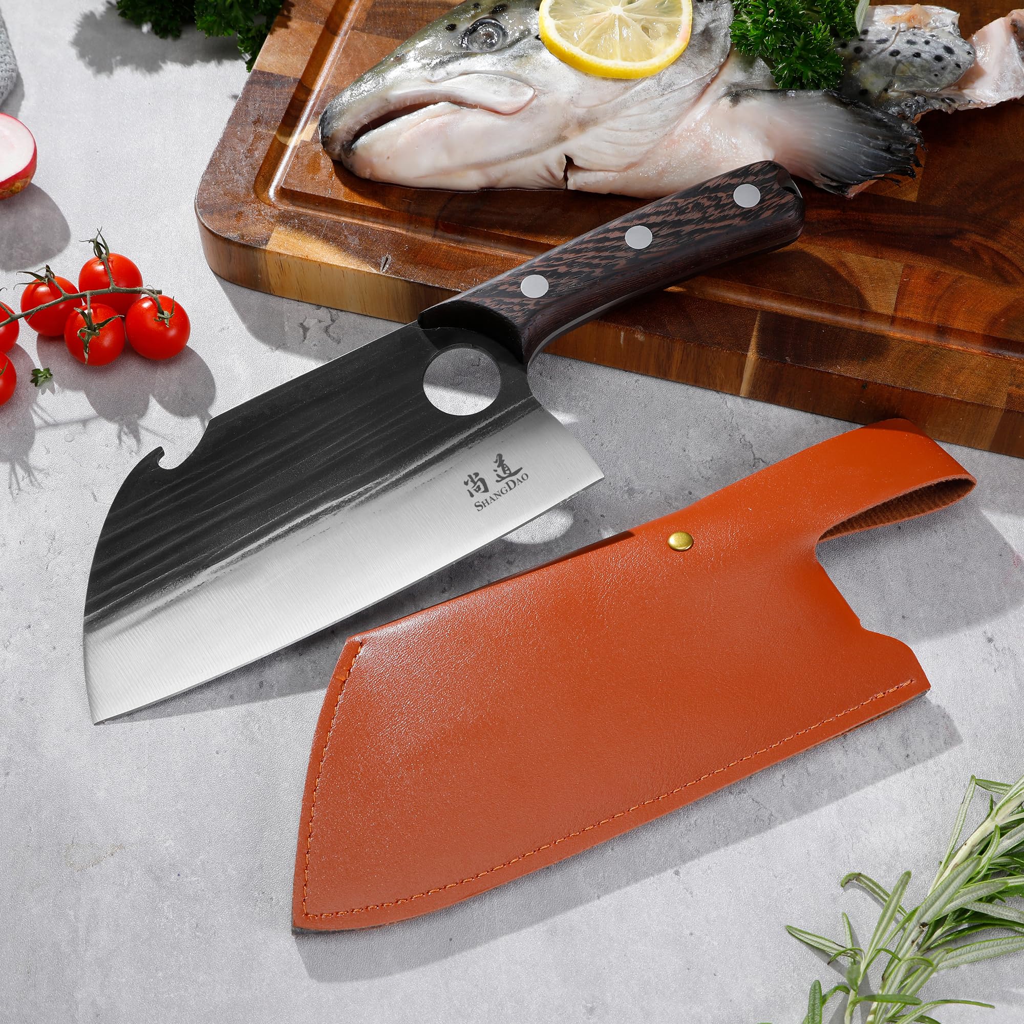 SHANGDAO Deba Knife 17.8cm, handgeschmiedetes Metzgermesser, German Stainless Steel, Wooden Handle