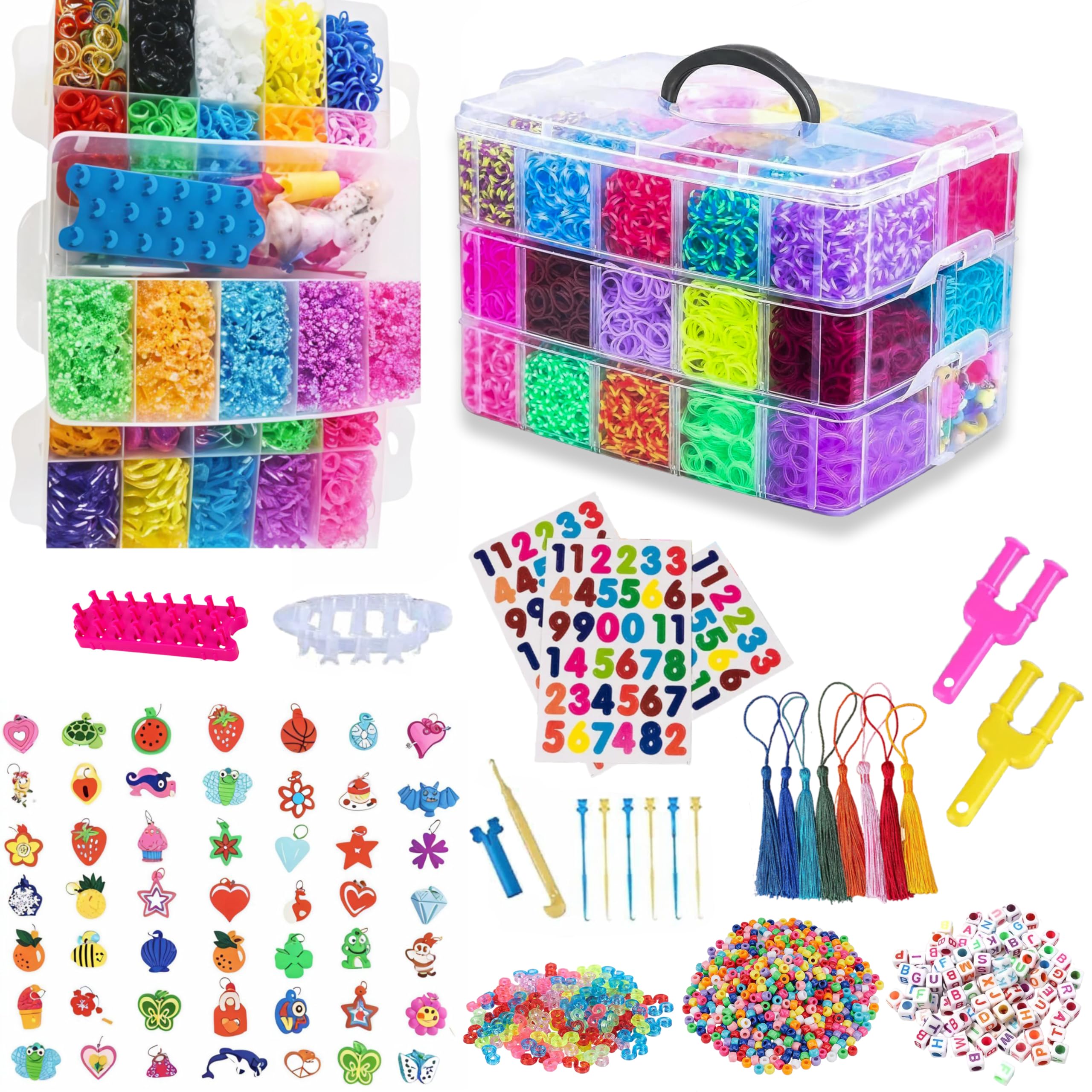 15000+ Loom Bands Kit - Vibrant Colors Loom Bands  Rubber Bands Bracelet Making Kit with A,B,C Beads, Bracelet Connector and Tools with Storage Box - DIY Arts & Crafts Gift for Girls Her & Boys Him