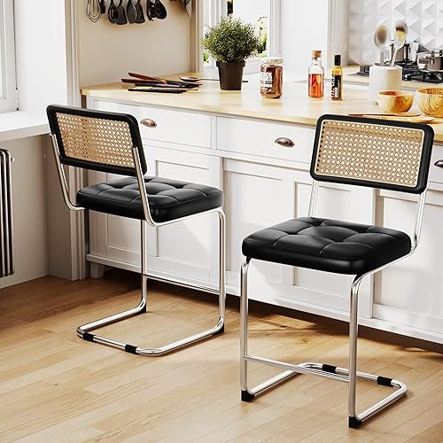 Alunaune 24inch Black Rattan Barstools Set of 2, Upholstered Modern Counter Bar Height Stools with Metal Chrome Legs for Living Room-PU Seat