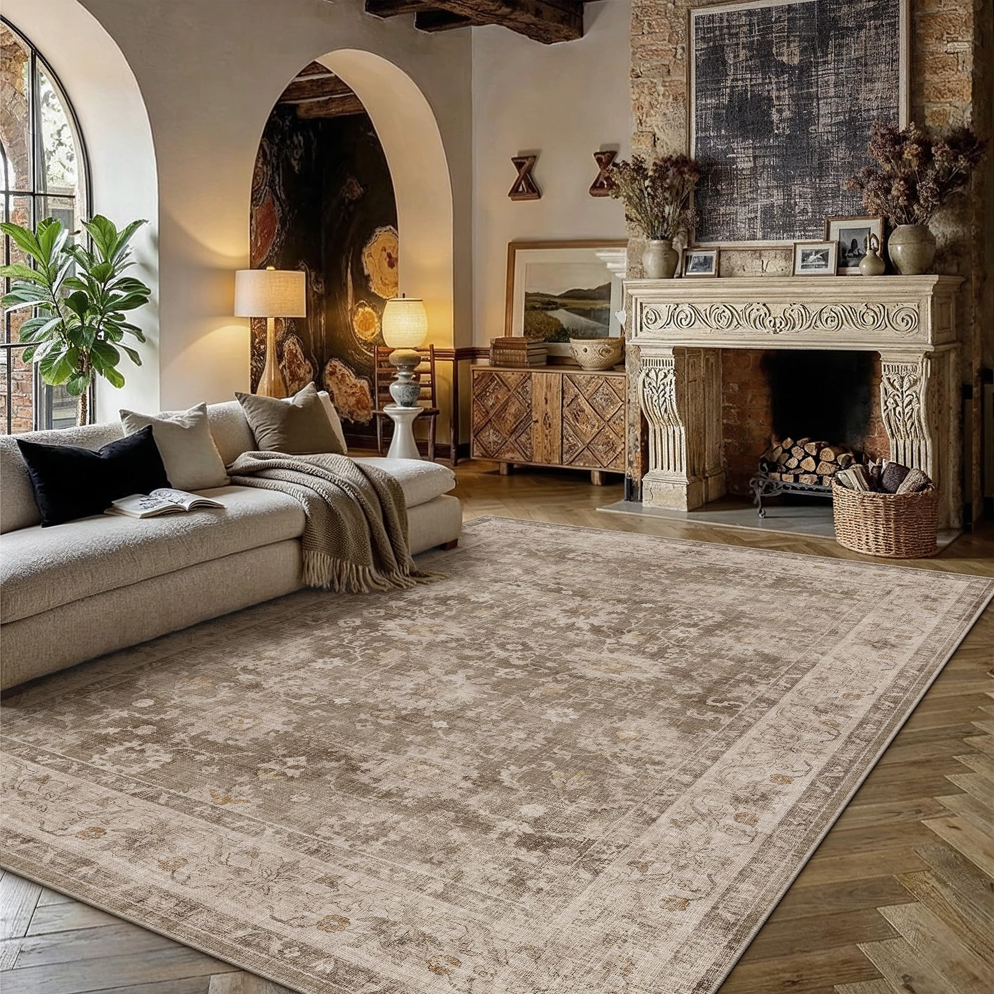 hugear 8x10 area rug taupe machine washable rug room decor vintage distressed living room rugs non slip low pile soft carpet for bedroom dining room office soft lightweight