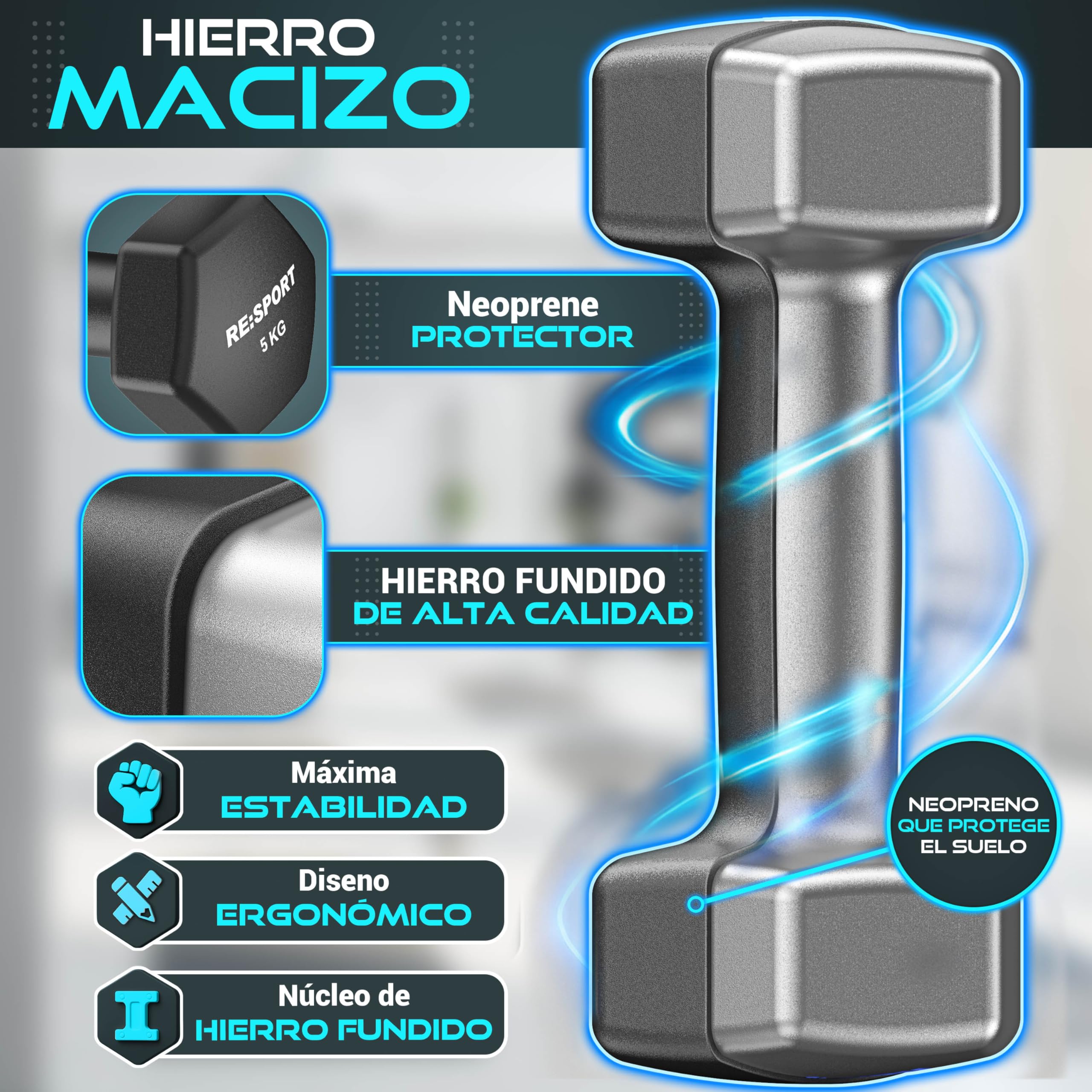 RE:SPORT Juego de mancuernas de 3 pares, 1 kg – 5 kg, 12 kg o 18 kg, con soporte y 3 bandas de fitness, mancuernas antideslizantes de neopreno para hombre y mujer