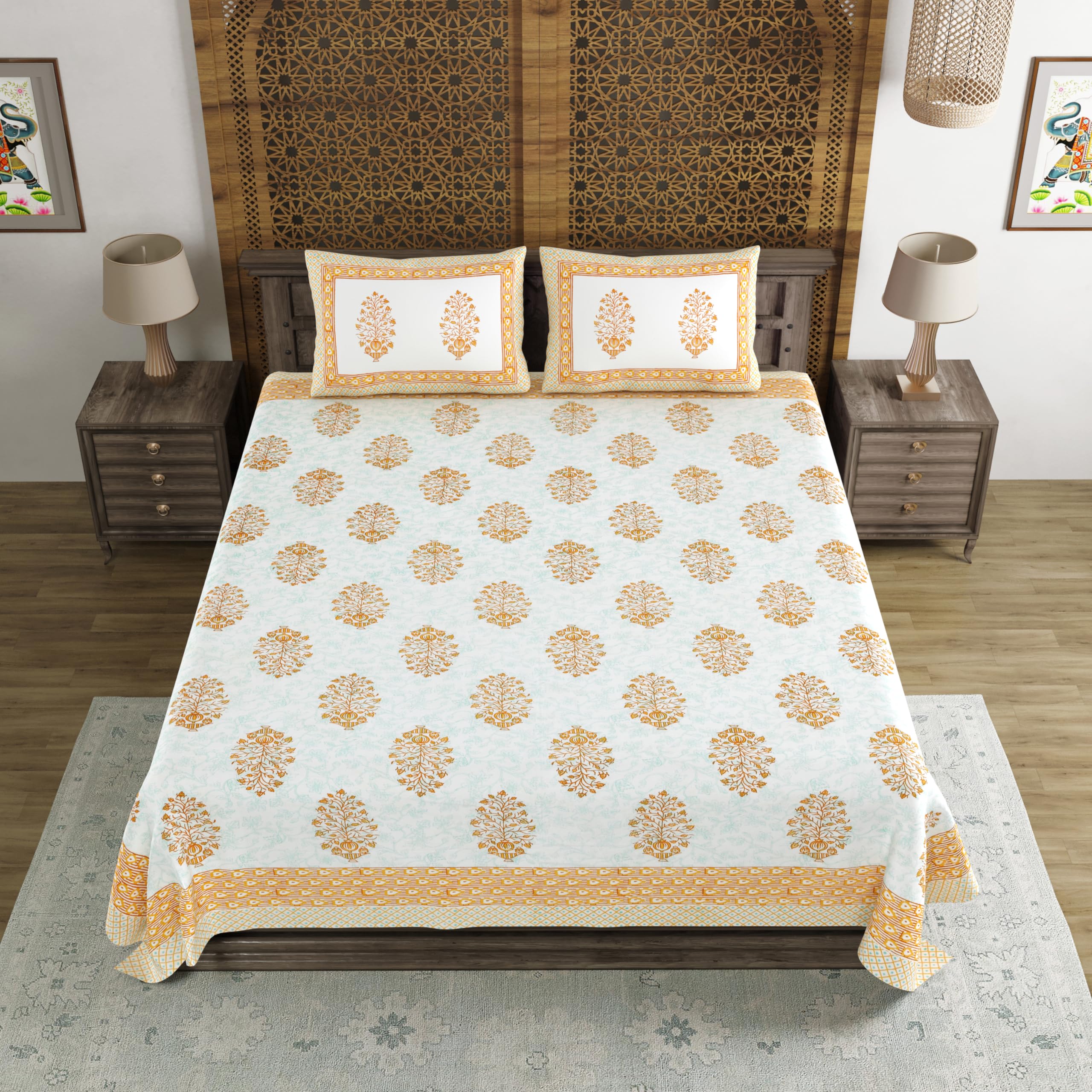 BLOCKS OF INDIA Hand Block Printed 200 TC Cotton King Size Bedsheet (Brown Pot)