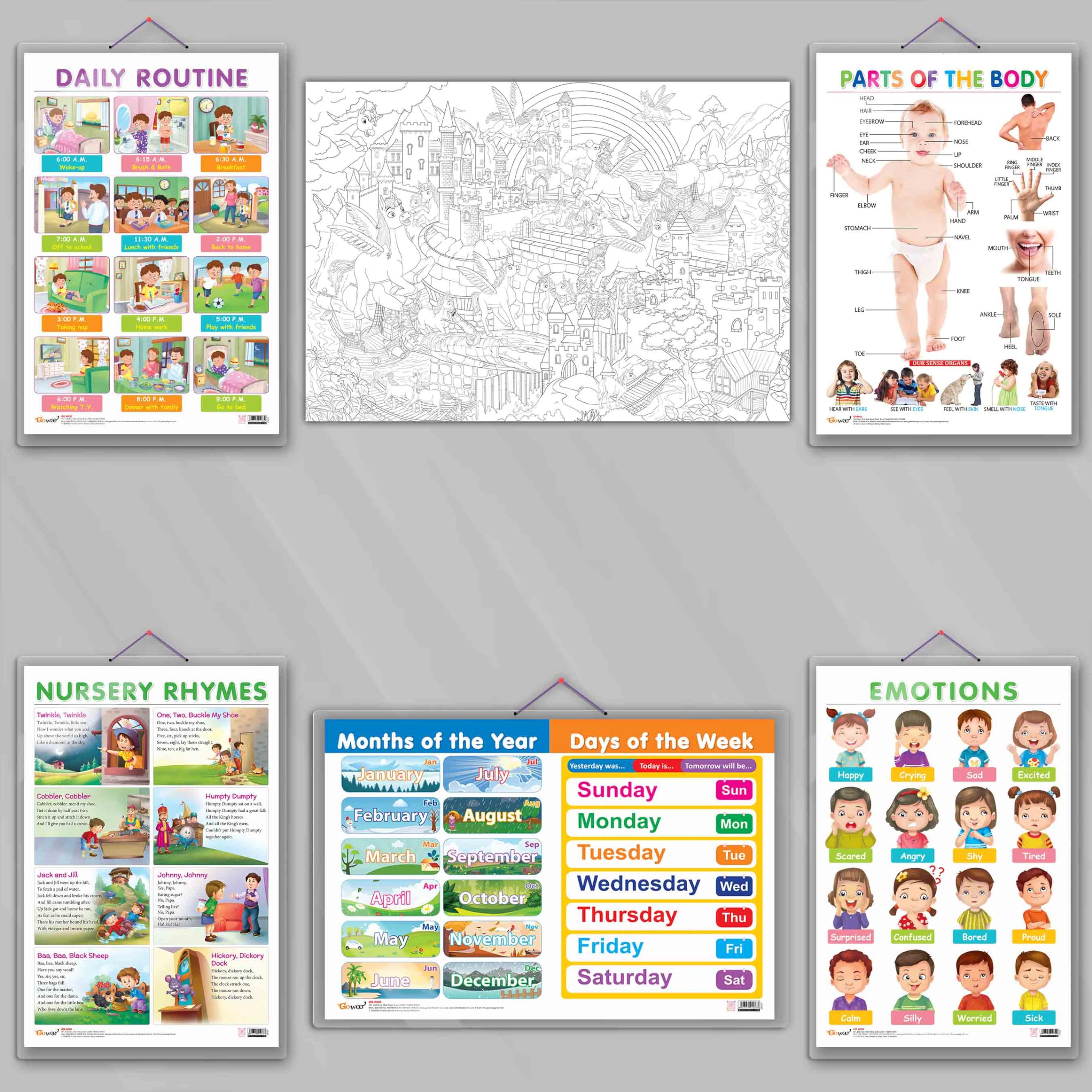 GIANT UNICORN COLOURING POSTER, Parts of the Body, MONTHS OF THE YEAR AND DAYS OF THE WEEK, EMOTIONS, DAILY ROUTINE and NURSERY RHYMES charts | combo of 1 colouring poster and 5 charts-image-49