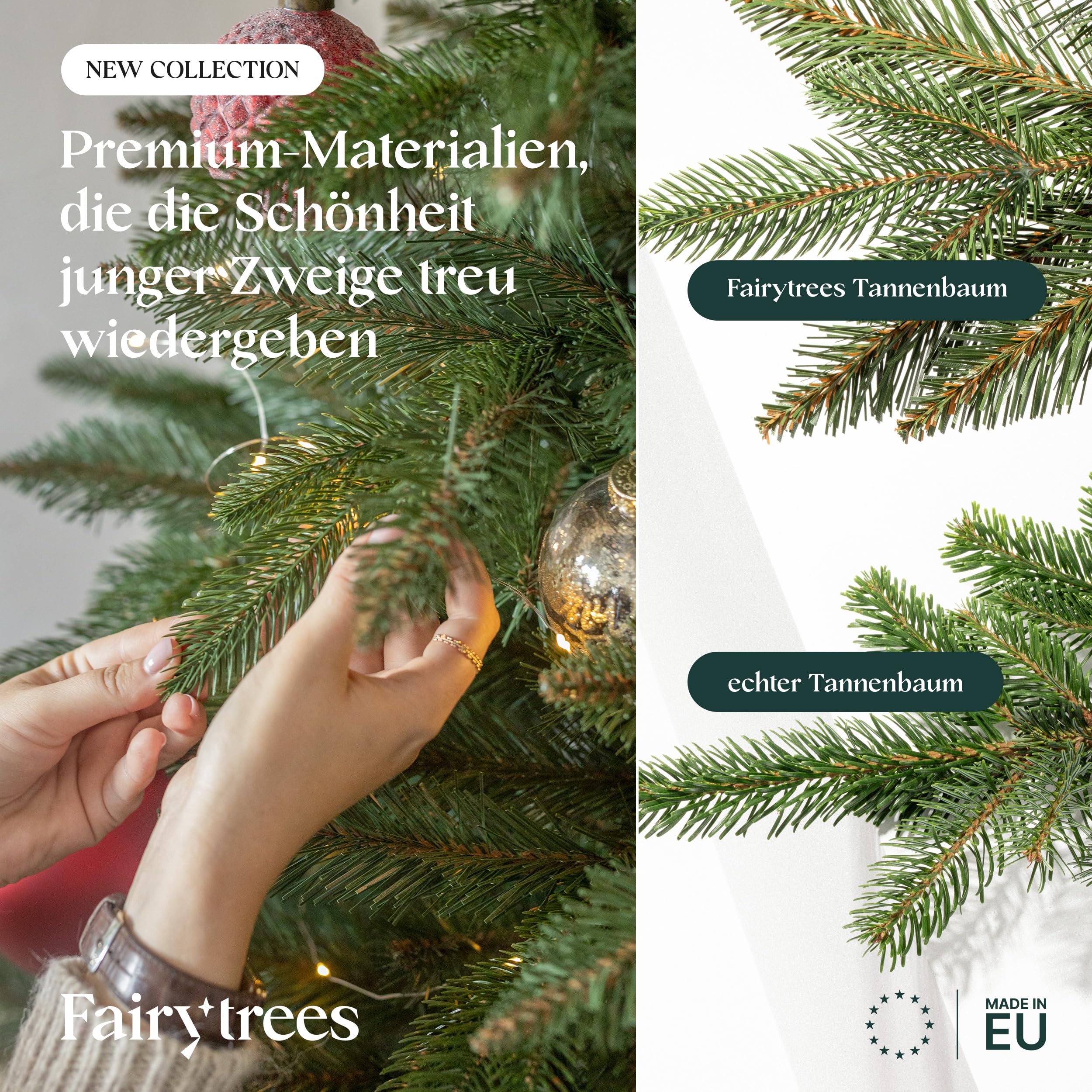 FAIRYTREES Weihnachtsbaum künstlich, Nordmanntanne Premium 180 cm, Naturgetreue Spritzguss Elemente, Künstlicher Weihnachtsbaum mit handgefertigtem Ständer aus Eschenholz