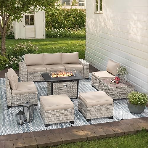9-Piece Outdoor Patio Furniture Set with 55,000 BTU Fire Pit Table, PE Wicker Rattan Sectional Sofa Patio Conversation Set with Ottomans & Coffee Table, Sand