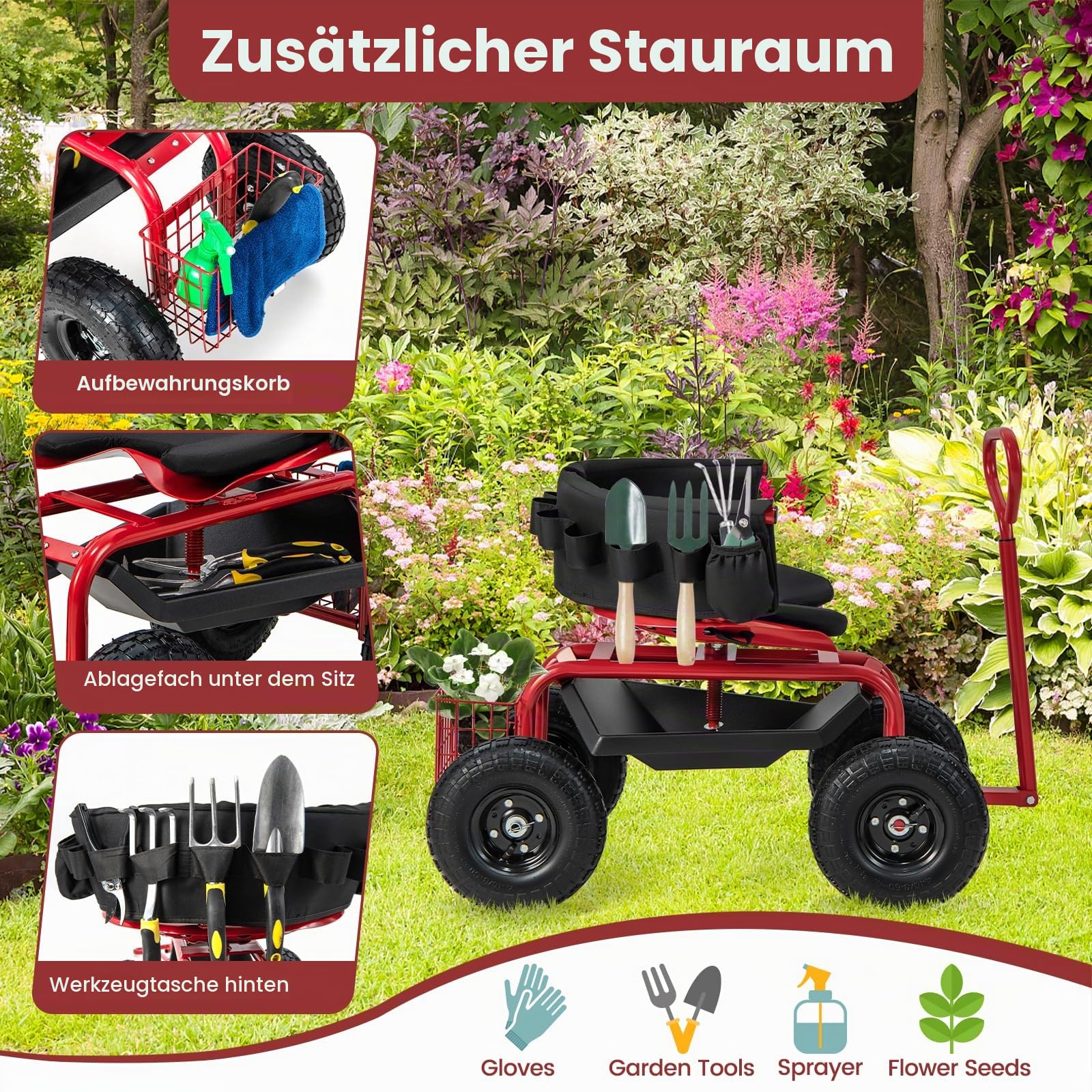 RELAX4LIFE Rollsitz, Fahrbarer Werkstattwagen mit Verstellbarem Drehsitz & Griff, Gartensitz mit Rückenlehne & Abnehmbarem Sitzkissen, Werkzeugwagen mit Ablage & Korb & Tasche (Rot+Schwarz)